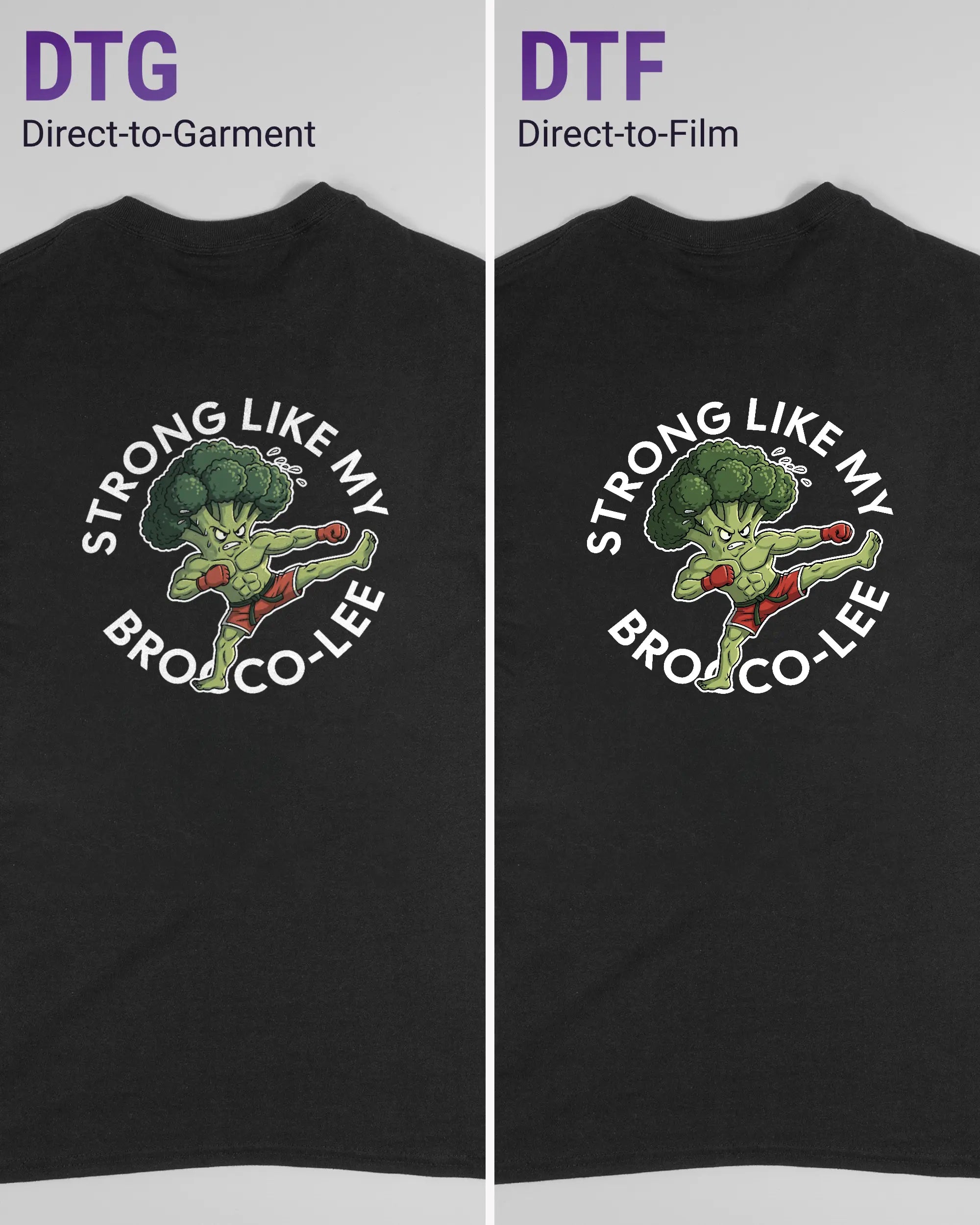 Vergleich der Rückseiten des Basic Unisex T-Shirt Regular von Maondo mit dem Design Brocco-Lee in der Farbe Black und in der Größe S links mit dem Direct-to-Garment und rechts mit dem Direct-to-Film Verfahren