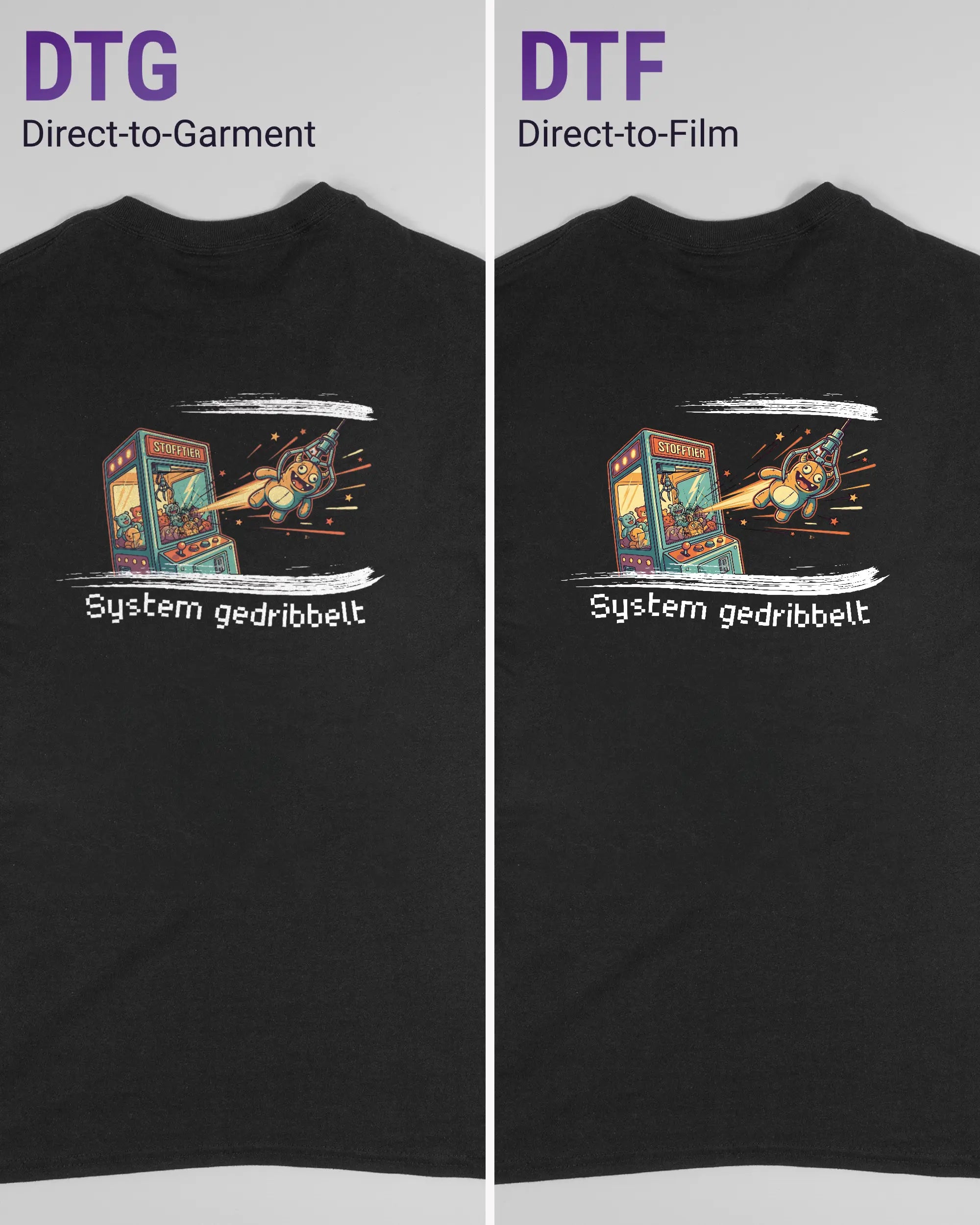 Vergleich der Rückseiten des Basic Unisex T-Shirt Regular von Maondo mit dem Design System gedribbelt in der Farbe Black und in der Größe S links mit dem Direct-to-Garment und rechts mit dem Direct-to-Film Verfahren