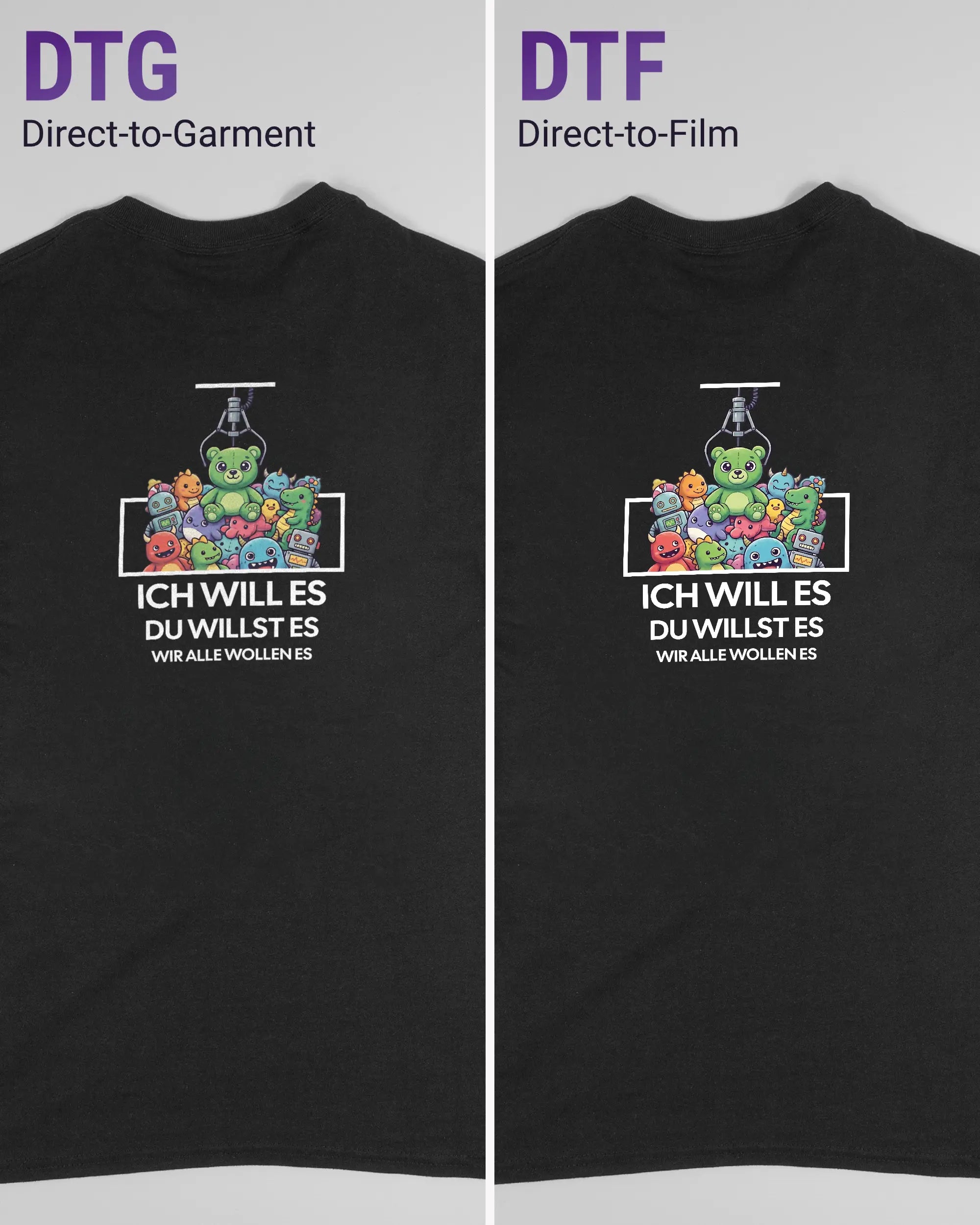 Vergleich der Rückseiten des Basic Unisex T-Shirt Regular von Maondo mit dem Design Will Stofftier in der Farbe Black und in der Größe S links mit dem Direct-to-Garment und rechts mit dem Direct-to-Film Verfahren