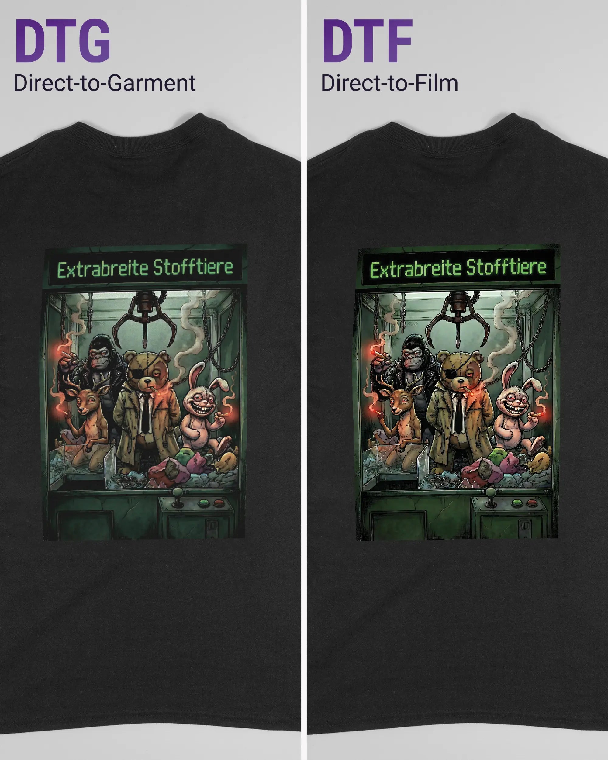 Vergleich der Rückseiten des Basic Unisex T-Shirt Regular von Maondo mit dem Design Extrabreit in der Farbe Black und in der Größe S links mit dem Direct-to-Garment und rechts mit dem Direct-to-Film Verfahren