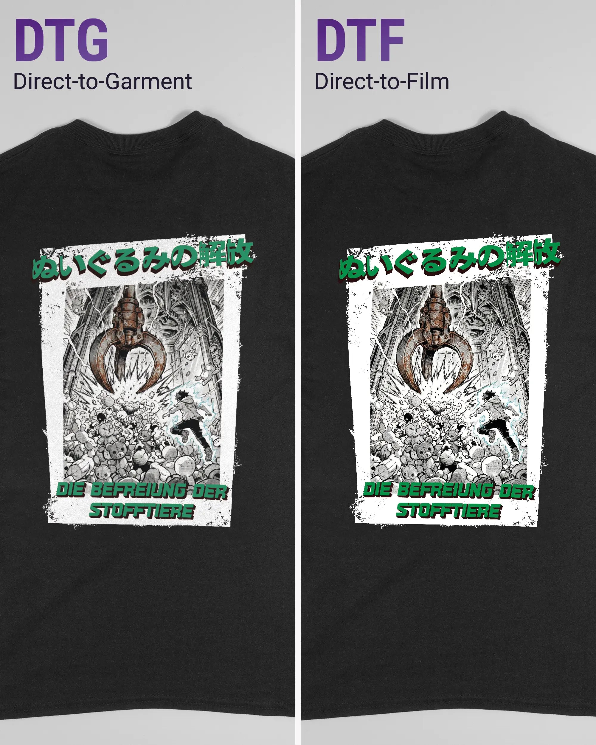 Vergleich der Rückseiten des Basic Unisex T-Shirt Regular von Maondo mit dem Design Save 1 Stofftier in der Farbe Black und in der Größe S links mit dem Direct-to-Garment und rechts mit dem Direct-to-Film Verfahren