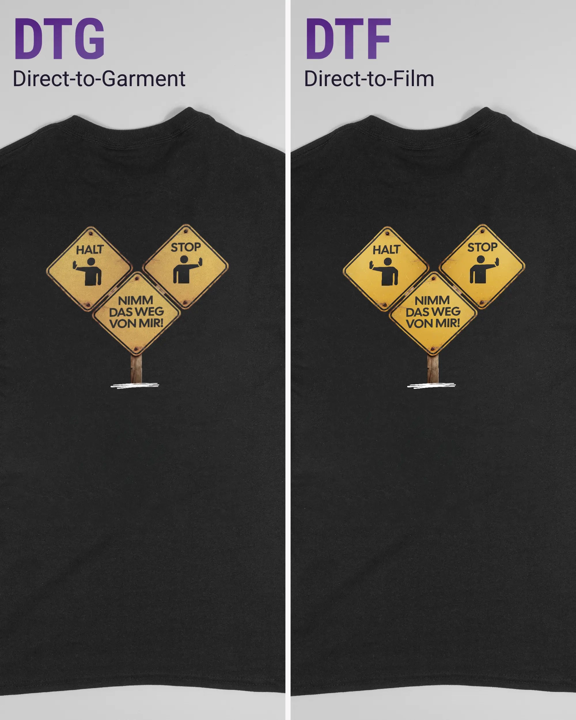 Vergleich der Rückseiten des Basic Unisex T-Shirt Regular von Maondo mit dem Design Schutzschild in der Farbe Black und in der Größe S links mit dem Direct-to-Garment und rechts mit dem Direct-to-Film Verfahren