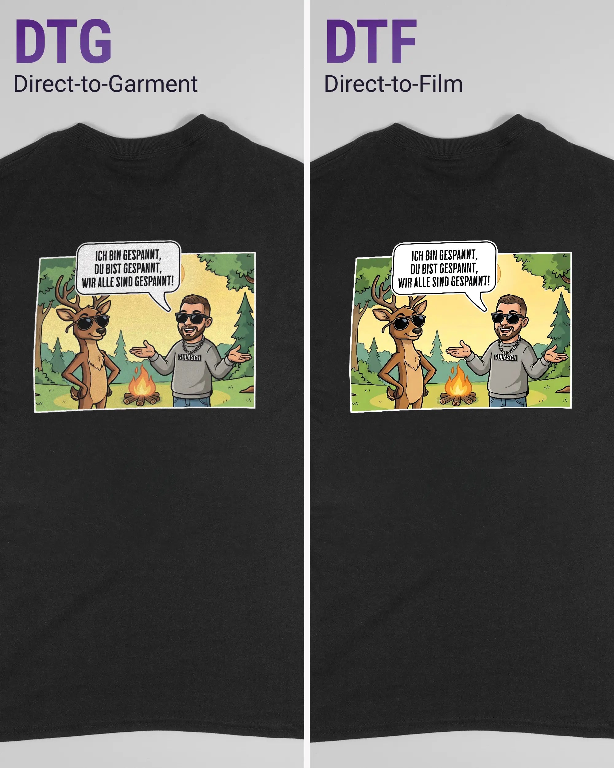 Vergleich der Rückseiten des Basic Unisex T-Shirt Regular von Maondo mit dem Design Vollspannung in der Farbe Black und in der Größe S links mit dem Direct-to-Garment und rechts mit dem Direct-to-Film Verfahren