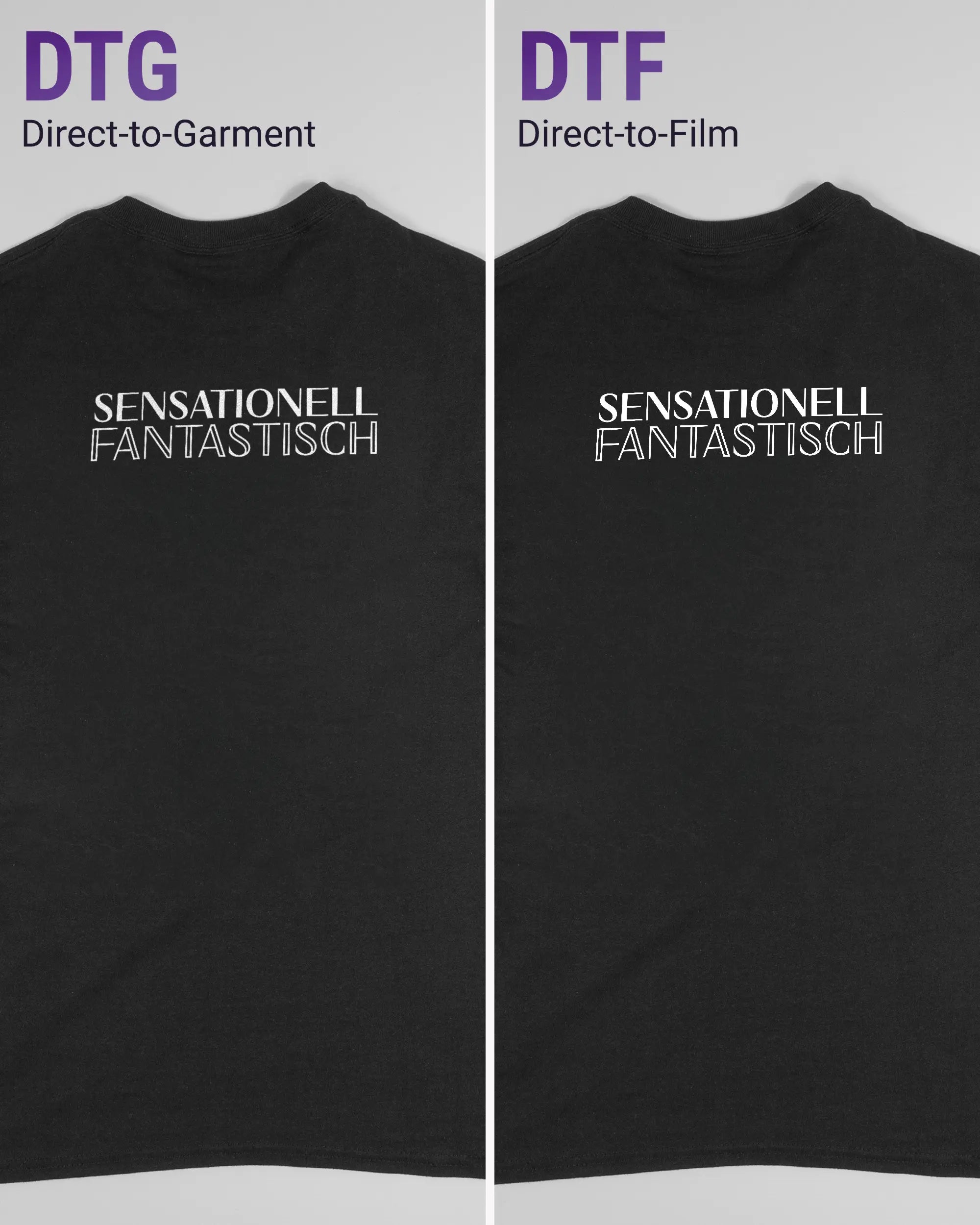 Vergleich der Rückseiten des Basic Unisex T-Shirt Regular von Maondo mit dem Design Sensationell in der Farbe Black und in der Größe S links mit dem Direct-to-Garment und rechts mit dem Direct-to-Film Verfahren