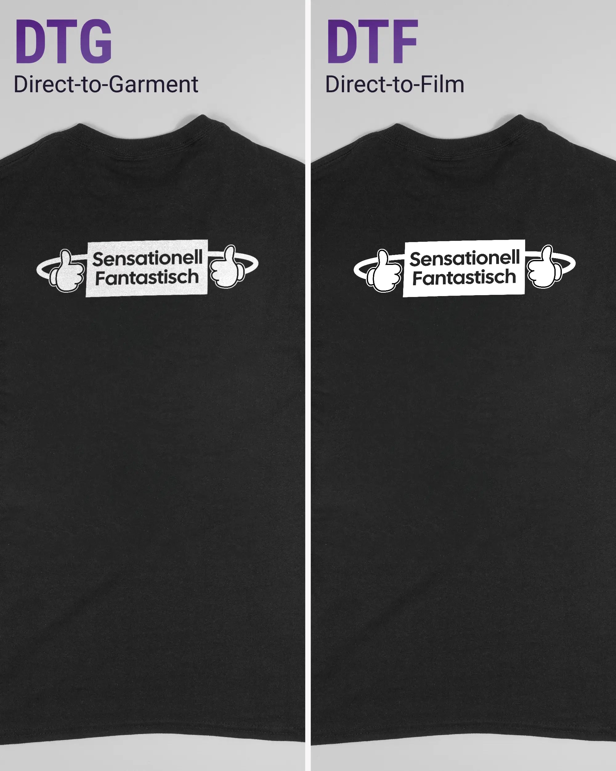 Vergleich der Rückseiten des Basic Unisex T-Shirt Regular von Maondo mit dem Design Fantastisch in der Farbe Black und in der Größe S links mit dem Direct-to-Garment und rechts mit dem Direct-to-Film Verfahren