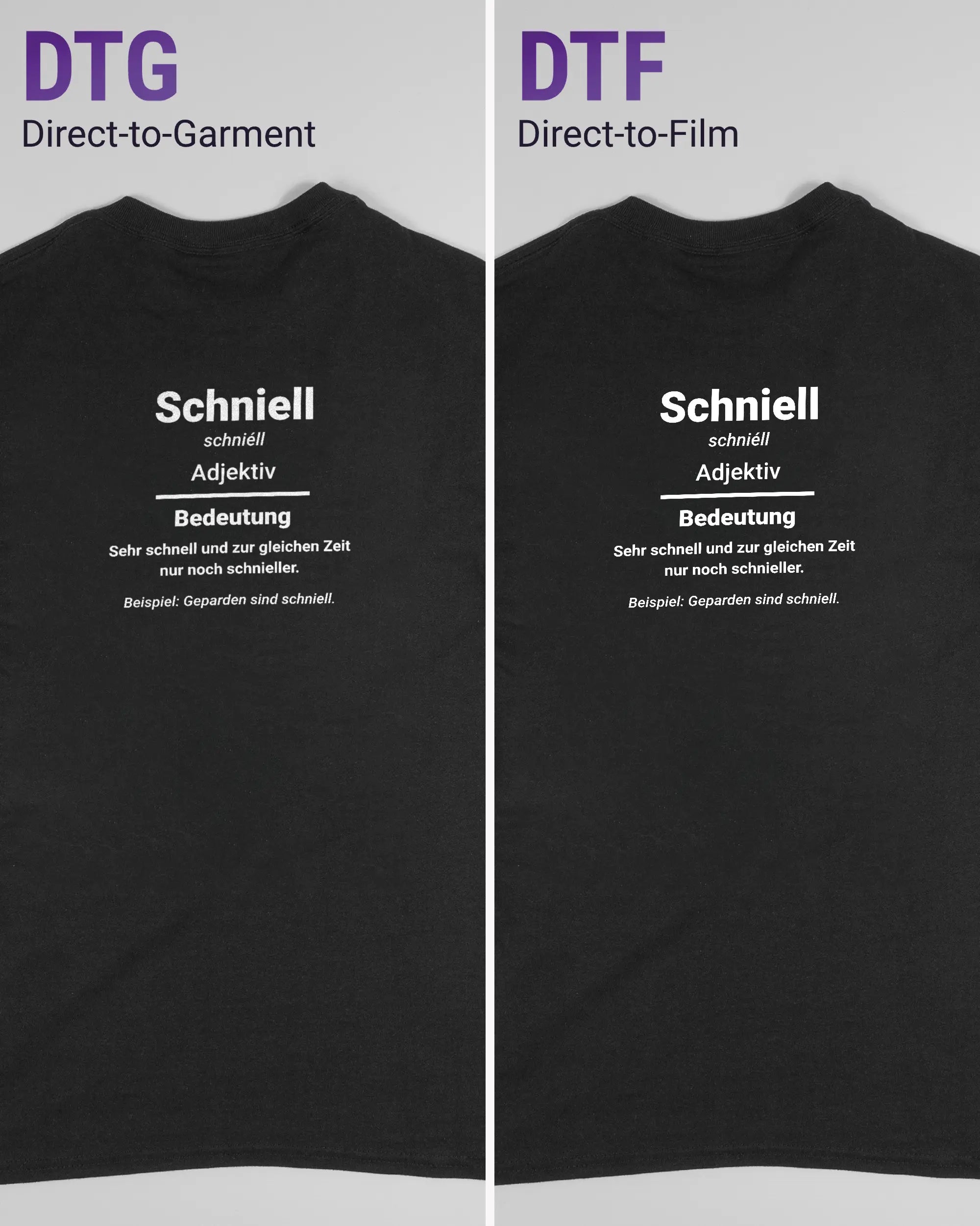 Vergleich der Rückseiten des Basic Unisex T-Shirt Regular von Maondo mit dem Design Schniell in der Farbe Black und in der Größe S links mit dem Direct-to-Garment und rechts mit dem Direct-to-Film Verfahren