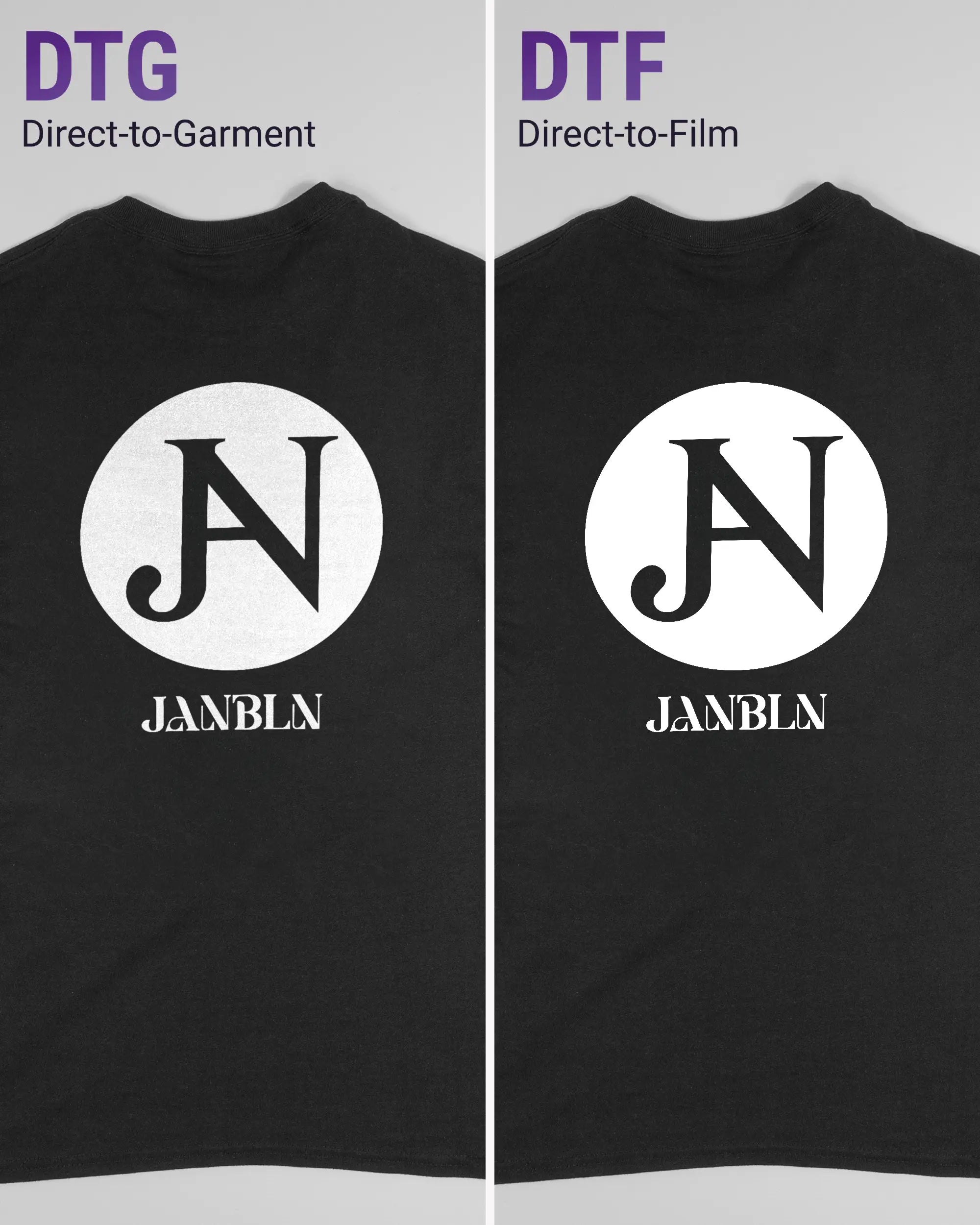 Vergleich der Rückseiten des Basic Unisex T-Shirt Regular von Maondo mit dem Design JB1 in der Farbe Black und in der Größe S links mit dem Direct-to-Garment und rechts mit dem Direct-to-Film Verfahren