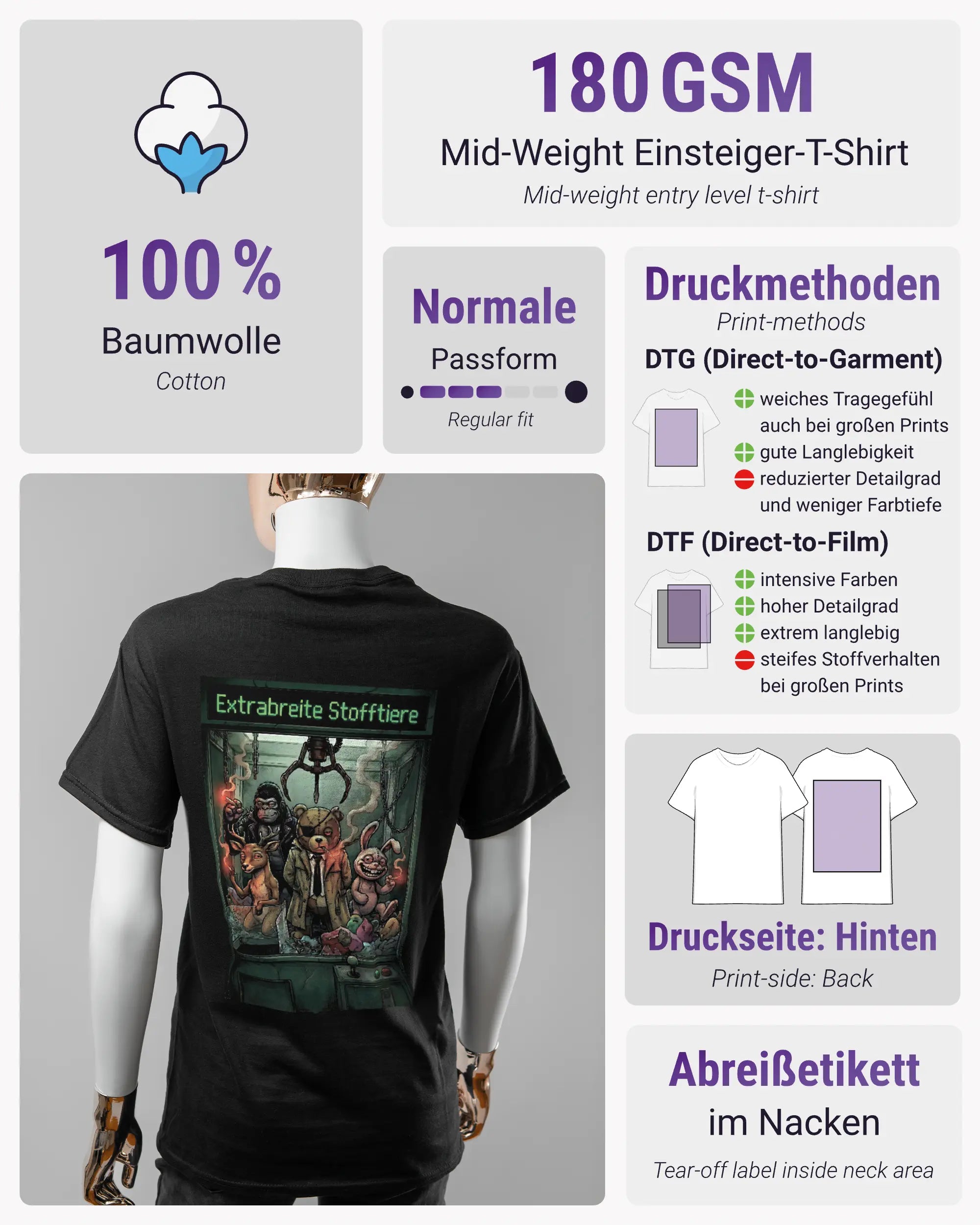 Produktinformationsblatt des Basic Unisex T-Shirt Regular von Maondo mit dem Design Extrabreit hinten in der Farbe Black und in der Größe S