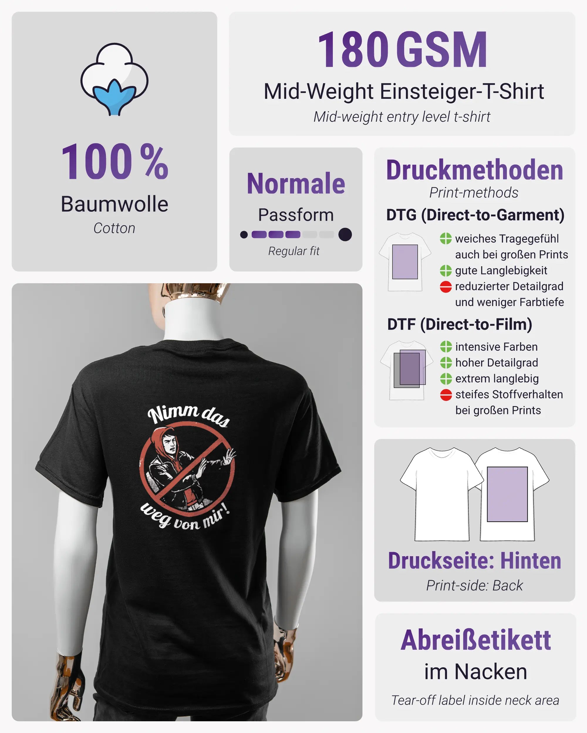 Produktinformationsblatt des Basic Unisex T-Shirt Regular von Maondo mit dem Design Nimm das weg hinten in der Farbe Black und in der Größe S