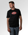 Primärer Modelshot der Druckseite des Organic Unisex T-Shirts von Maondo im Casual Fit mit dem Design Saftspender in der Farbe Black