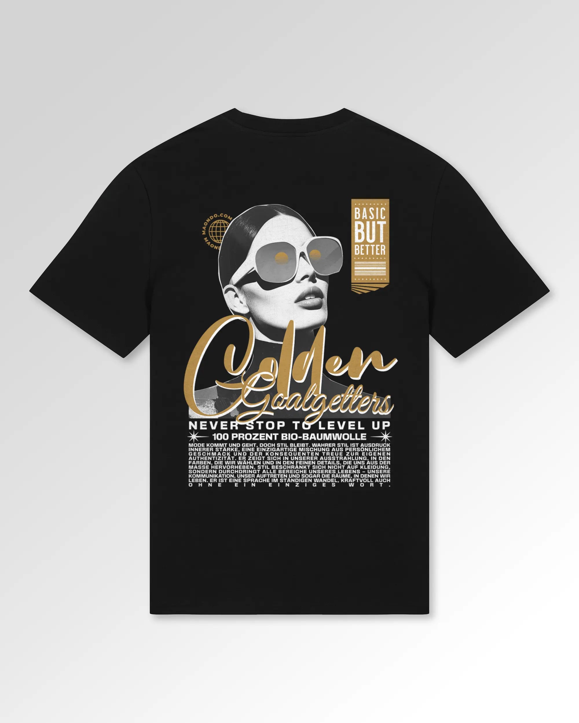 Packshot der sekundären Druckseite des Organic Unisex T-Shirts von Maondo im Casual Fit mit dem Design Golden Goalgetters in der Farbe Black