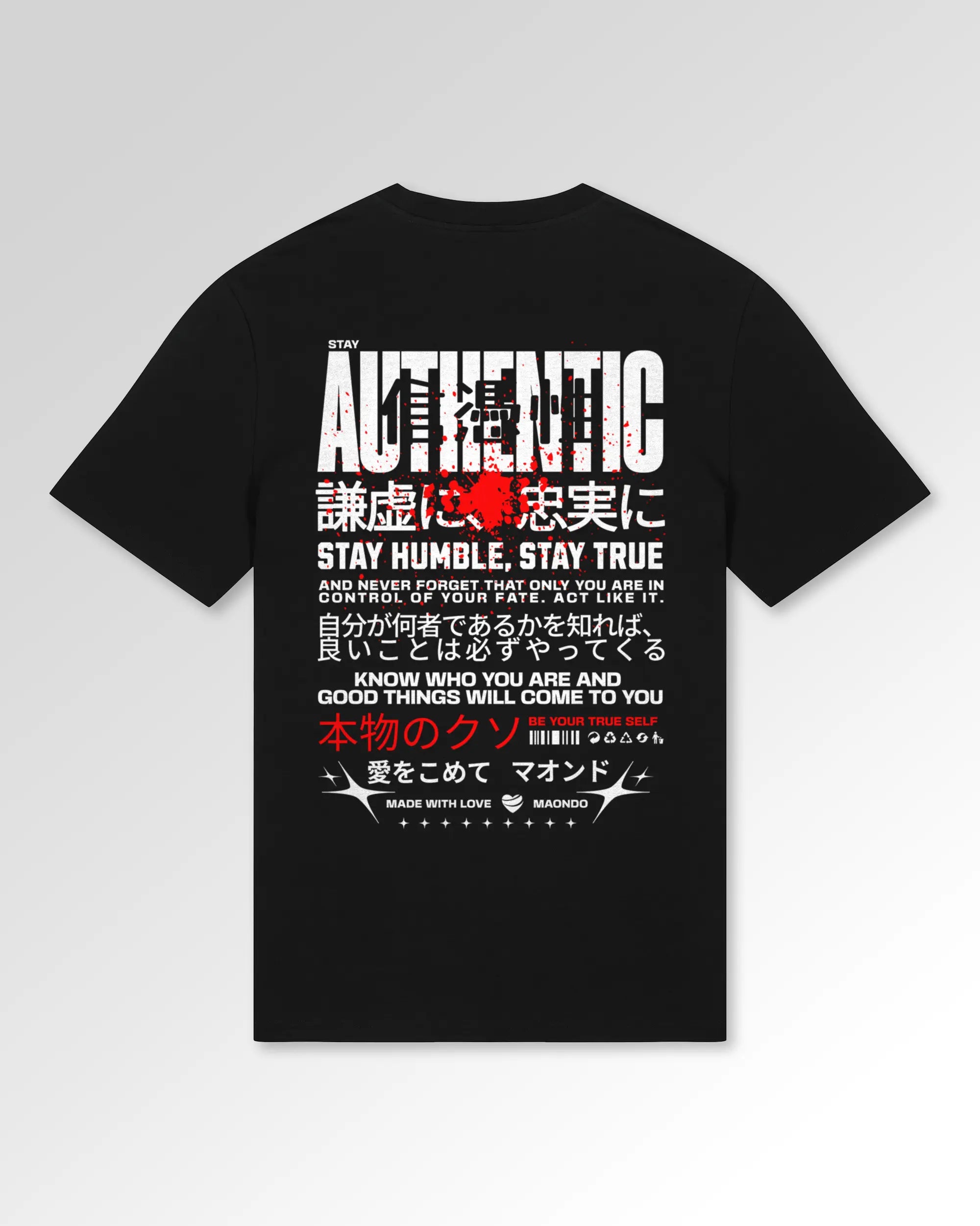 Packshot der sekundären Druckseite des Organic Unisex T-Shirts von Maondo im Casual Fit mit dem Design Authentic Shit in der Farbe Black