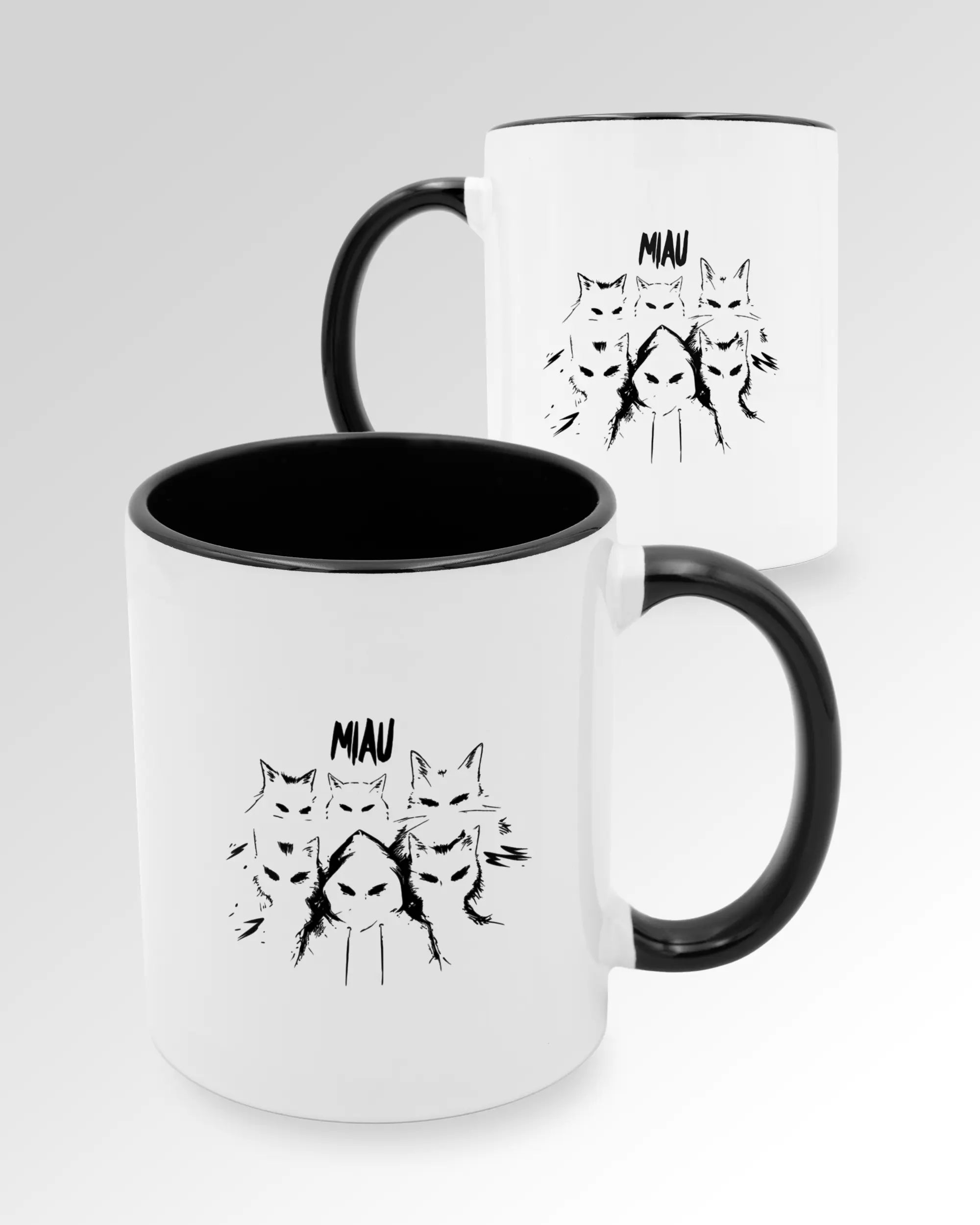 Variantenbild der beidseitig bedruckten Keramik Tasse von Maondo mit dem Design Miau Gang in der Farbe Schwarz-Weiß