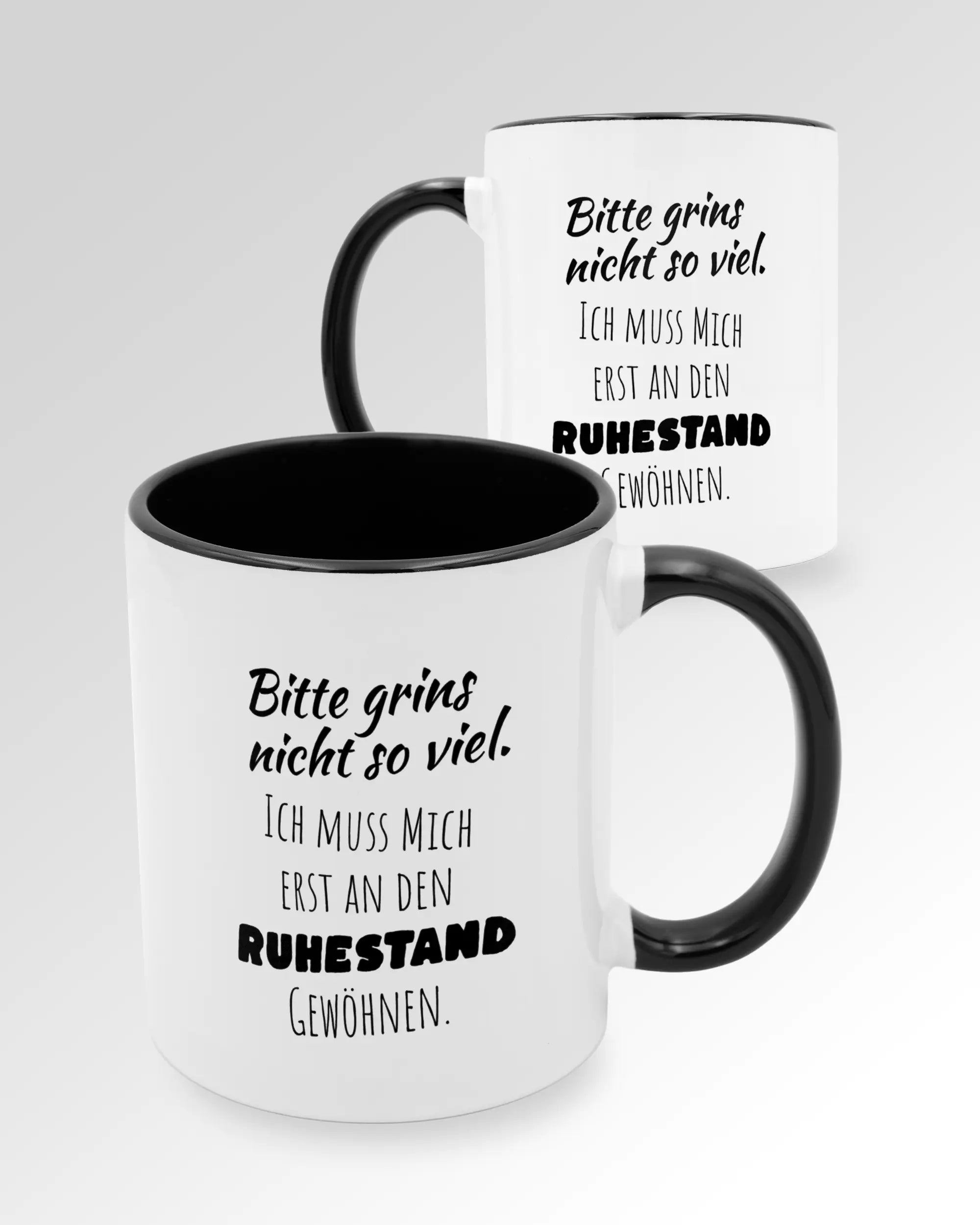Variantenbild der beidseitig bedruckten Keramik Tasse von Maondo mit dem Design Ruhestandslos in der Farbe Schwarz-Weiß