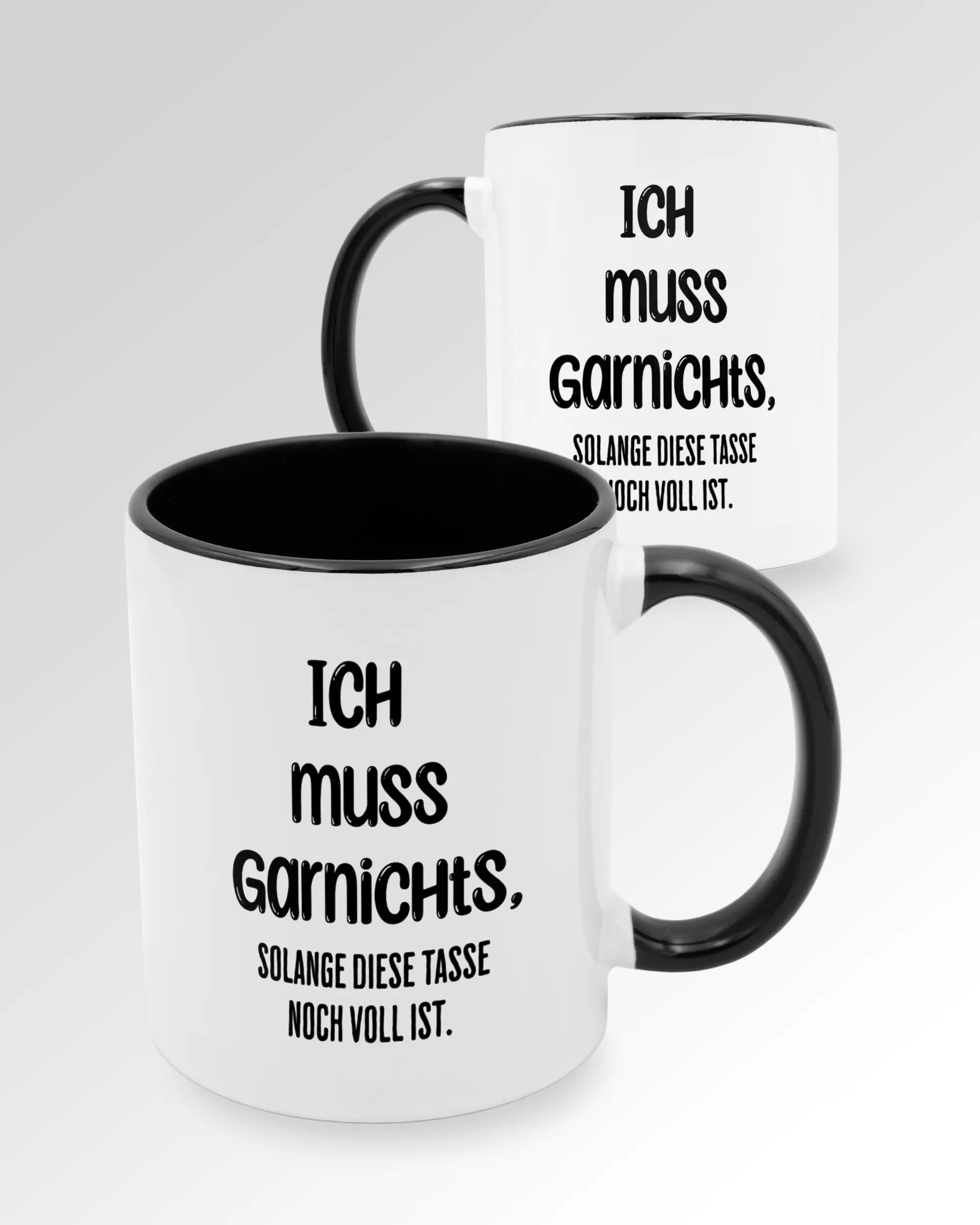 Variantenbild der beidseitig bedruckten Keramik Tasse von Maondo mit dem Design Verhandlungsspielraum in der Farbe Schwarz-Weiß