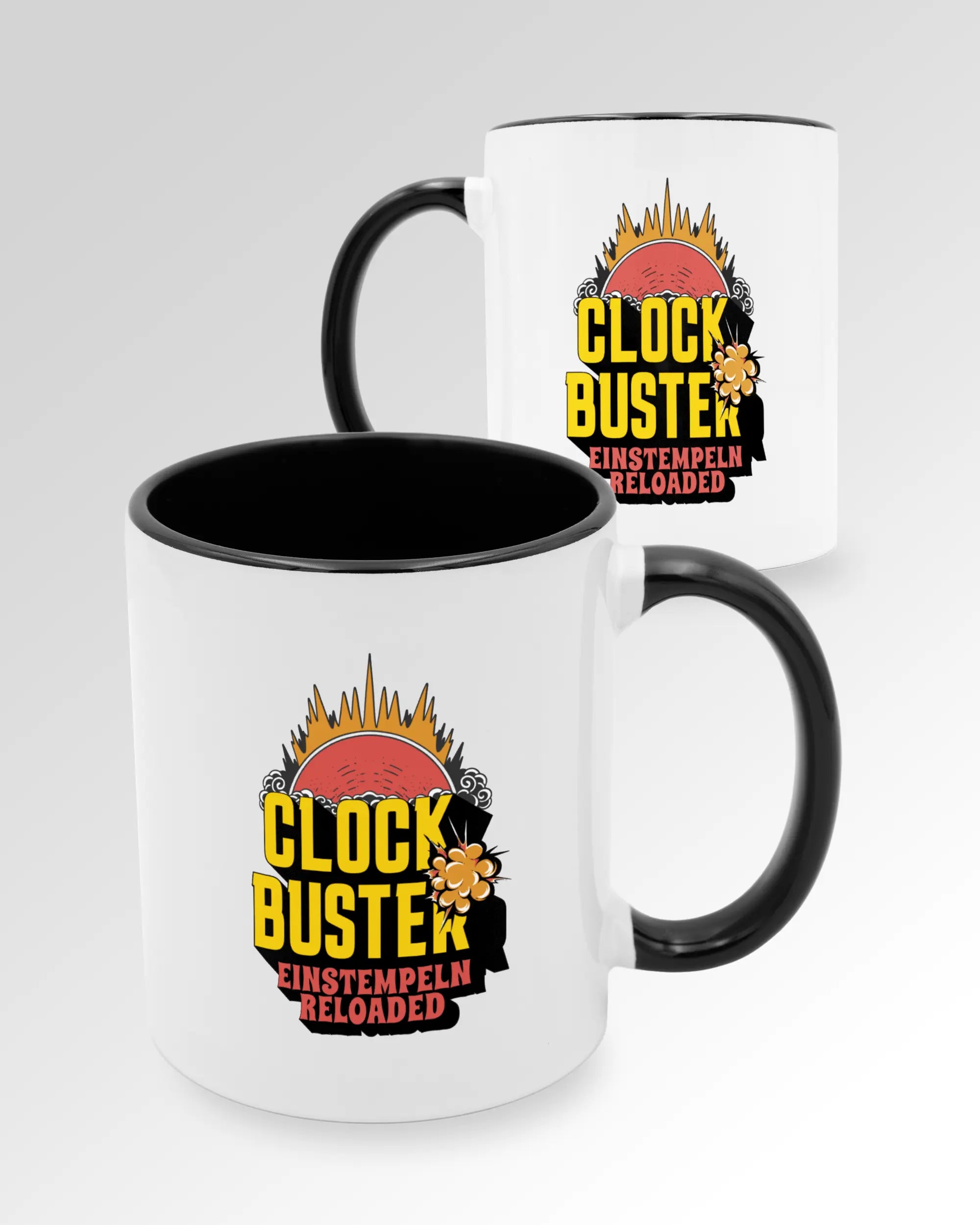 Variantenbild der beidseitig bedruckten Keramik Tasse von Maondo mit dem Design Clockbuster in der Farbe Schwarz-Weiß