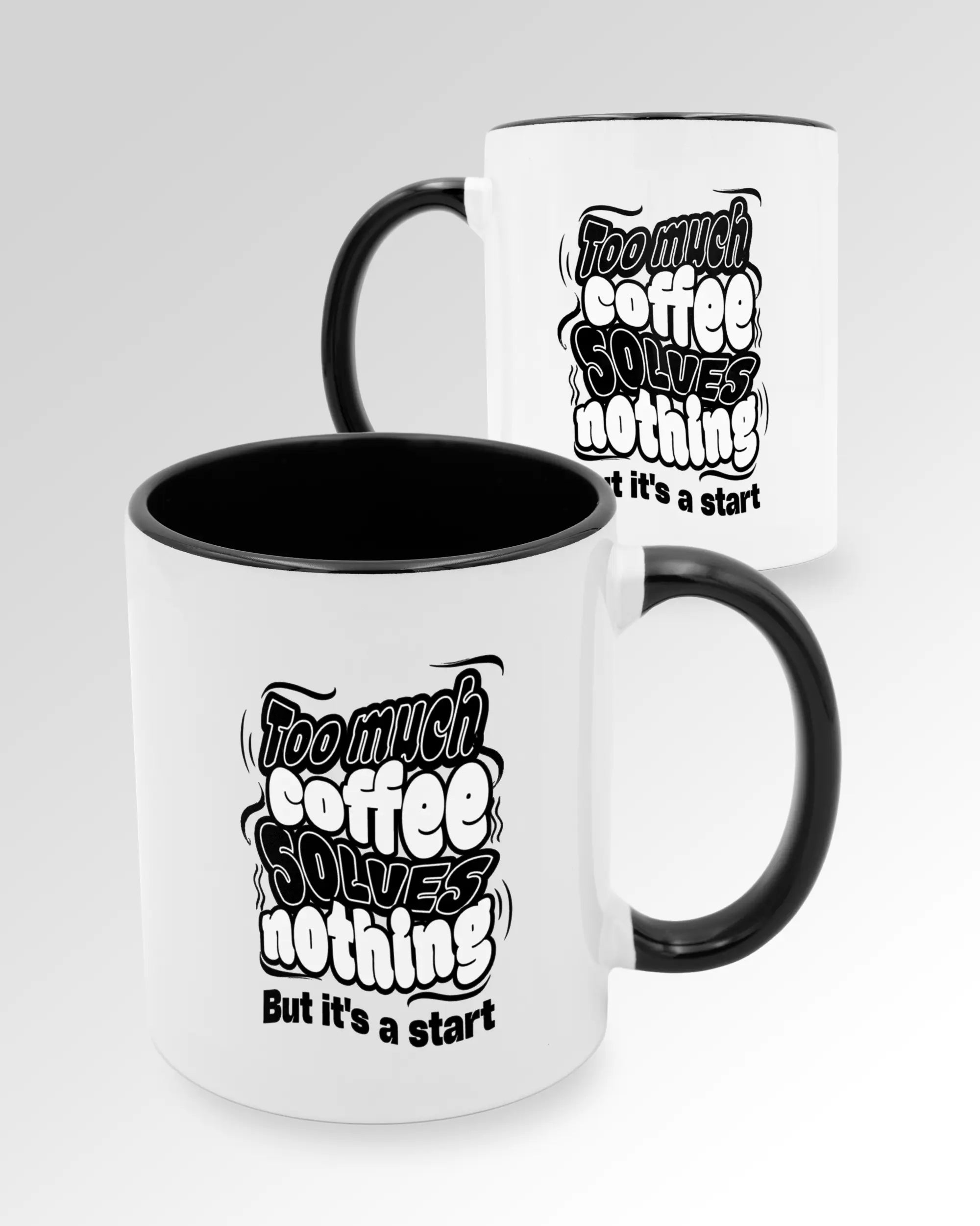 Variantenbild der beidseitig bedruckten Keramik Tasse von Maondo mit dem Design It's a start in der Farbe Schwarz-Weiß