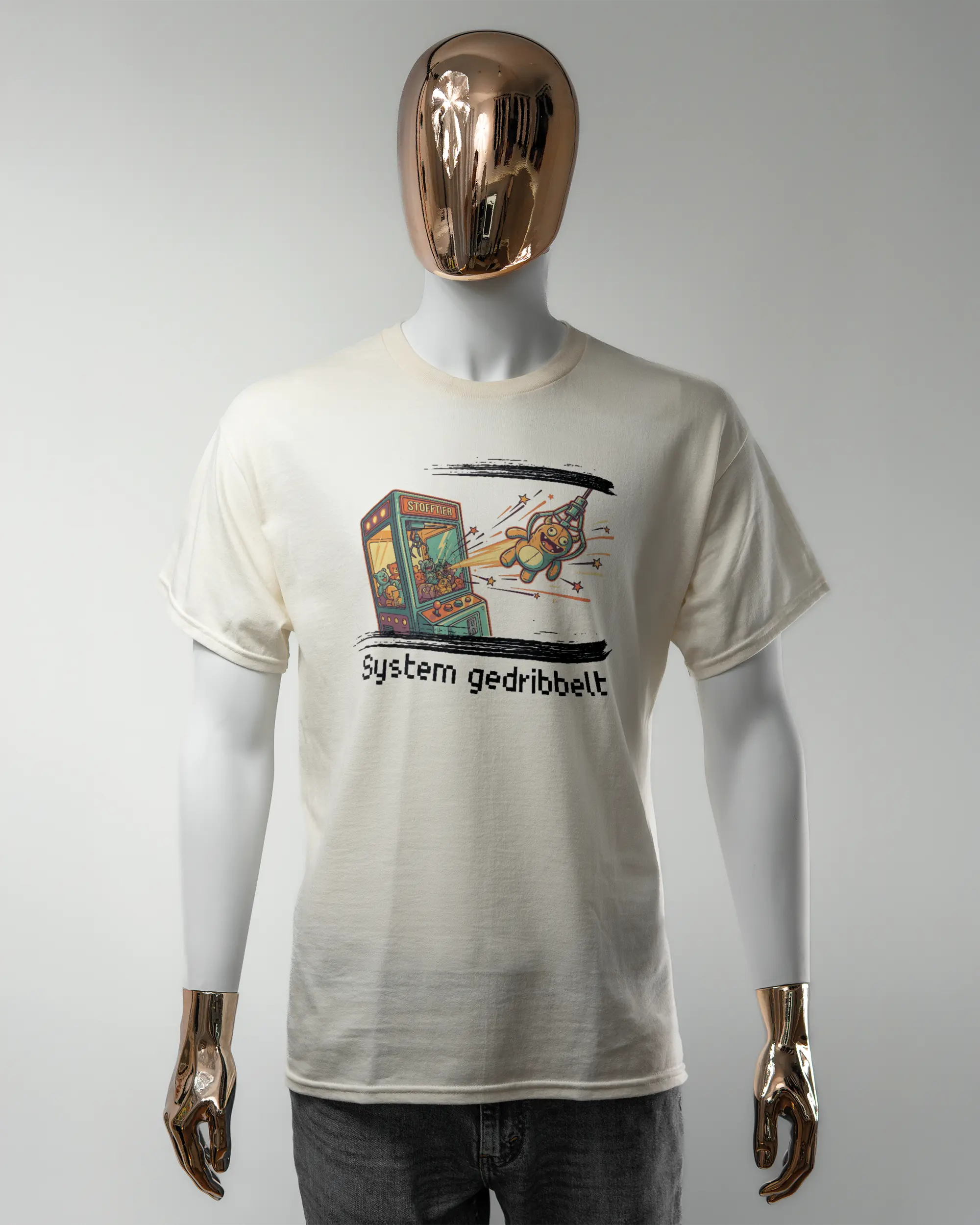 Vorderseite des Basic Unisex T-Shirt Regular von Maondo mit dem Design System gedribbelt in der Farbe White und in der Größe L getragen von einer maskulinen Puppe