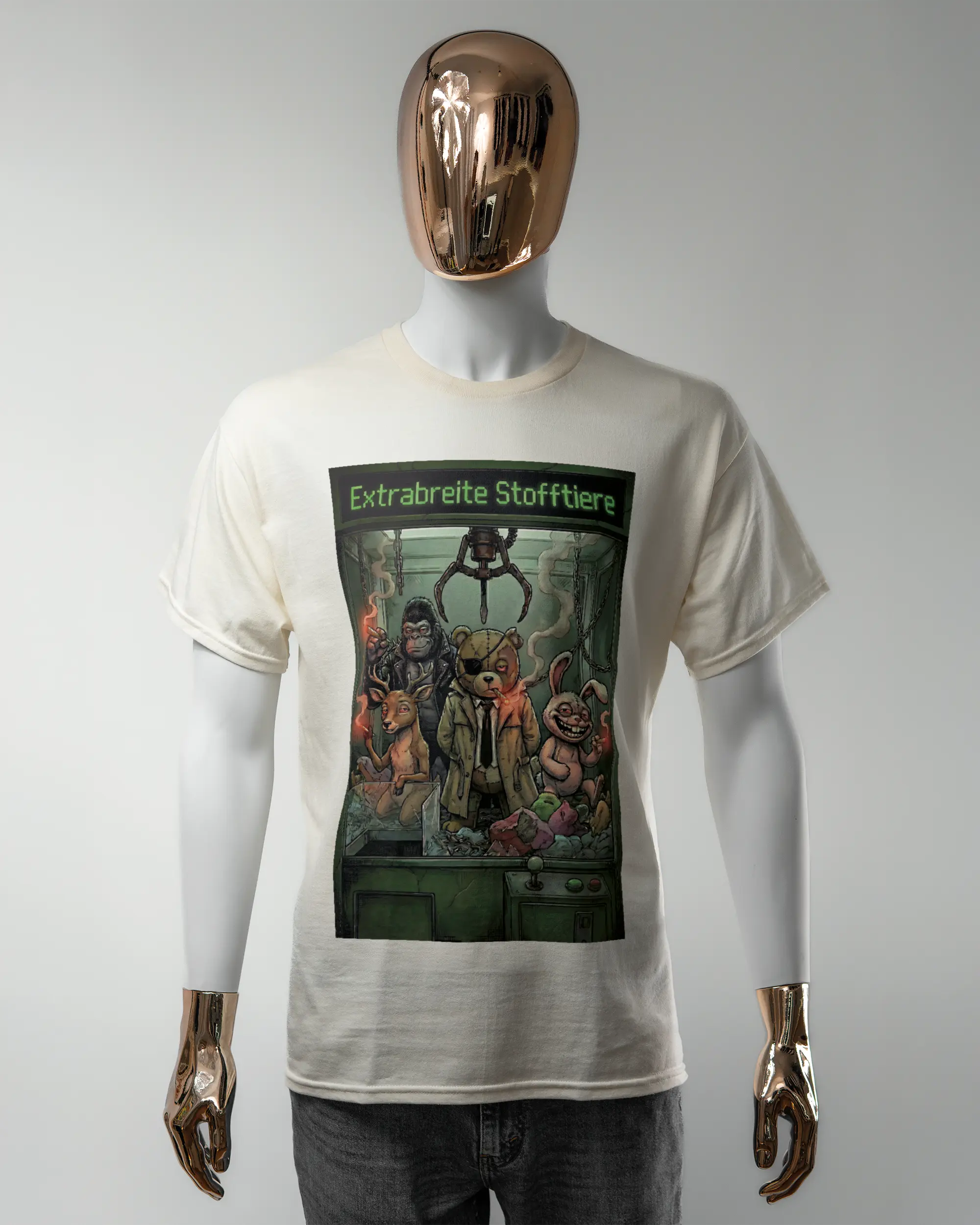 Vorderseite des Basic Unisex T-Shirt Regular von Maondo mit dem Design Extrabreit in der Farbe White und in der Größe L getragen von einer maskulinen Puppe