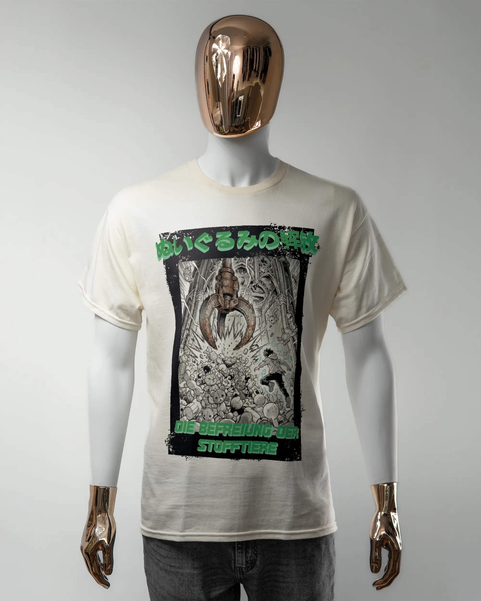 Vorderseite des Basic Unisex T-Shirt Regular von Maondo mit dem Design Save 1 Stofftier in der Farbe White und in der Größe L getragen von einer maskulinen Puppe