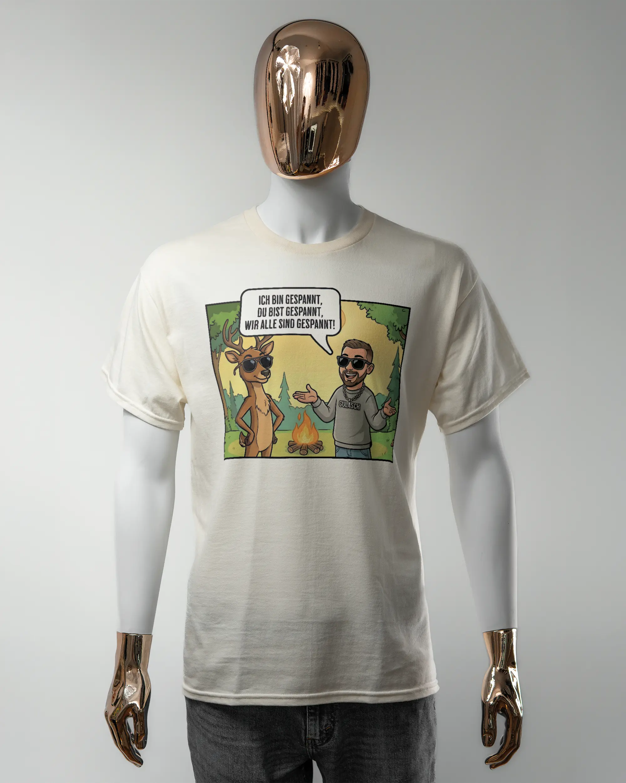 Vorderseite des Basic Unisex T-Shirt Regular von Maondo mit dem Design Vollspannung in der Farbe White und in der Größe L getragen von einer maskulinen Puppe