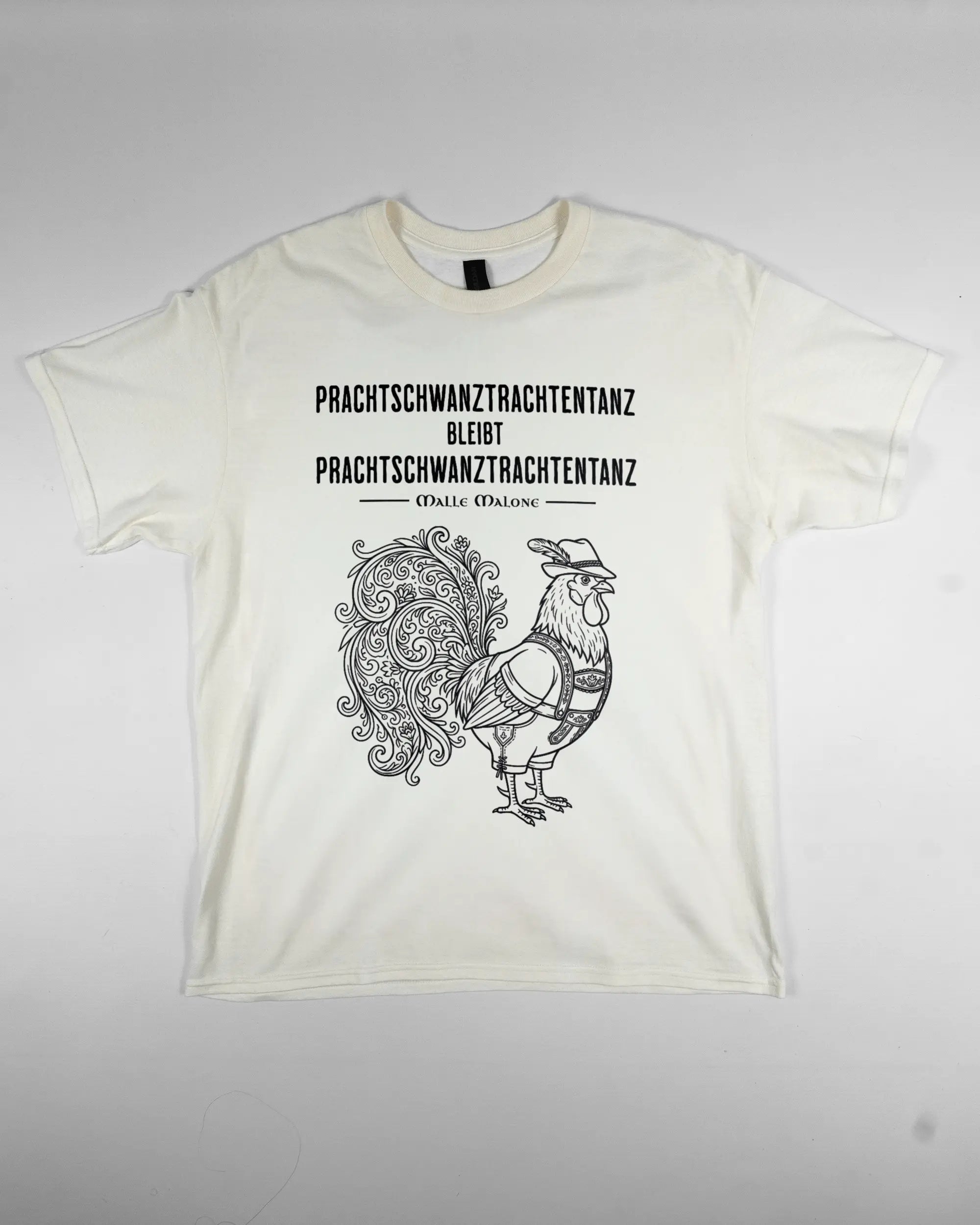 Vorderseite des Basic Unisex T-Shirt Regular von Maondo mit dem Design Trachtentanz in der Farbe White und in der Größe L flach auf den Boden gelegt