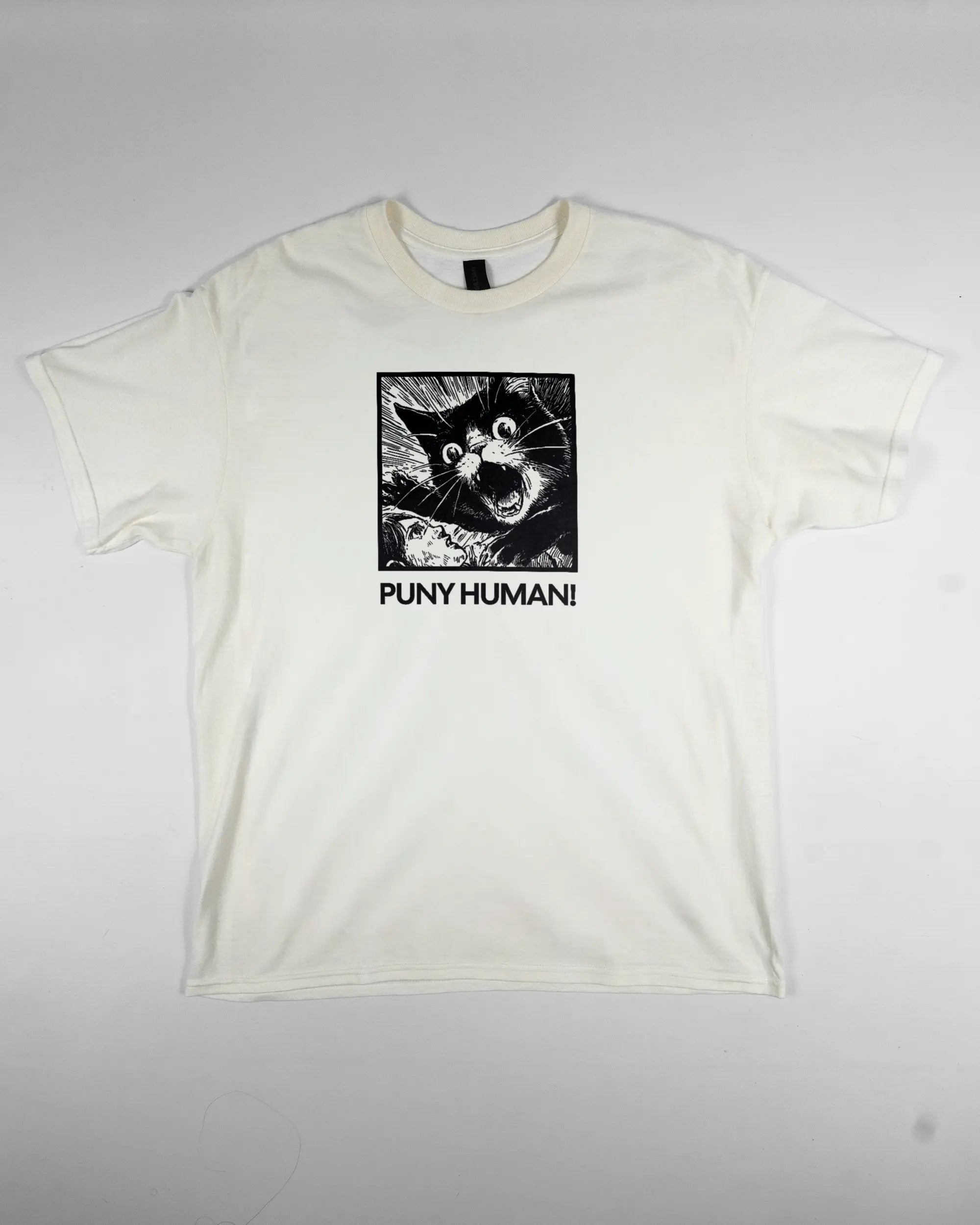 Vorderseite des Basic Unisex T-Shirt Regular von Maondo mit dem Design Puny Human in der Farbe White und in der Größe L flach auf den Boden gelegt