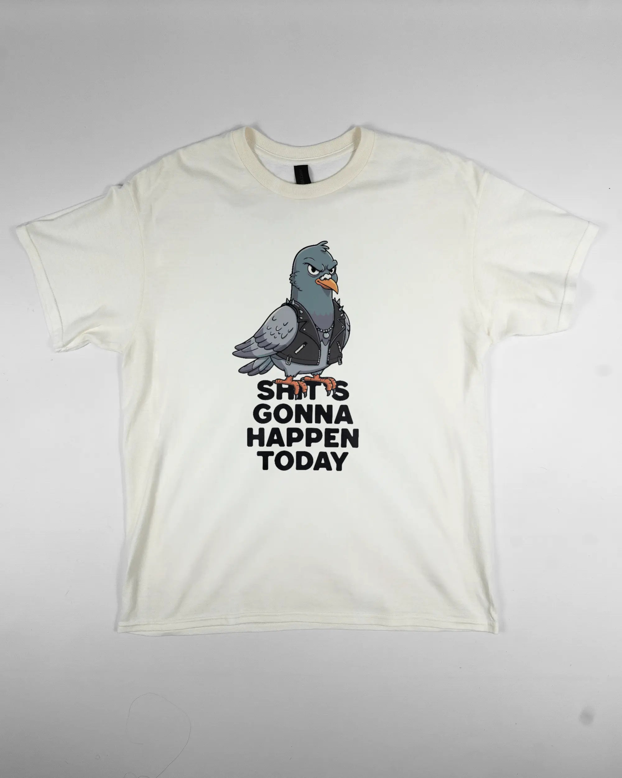 Vorderseite des Basic Unisex T-Shirt Regular von Maondo mit dem Design Pigeon Pun in der Farbe White und in der Größe L flach auf den Boden gelegt