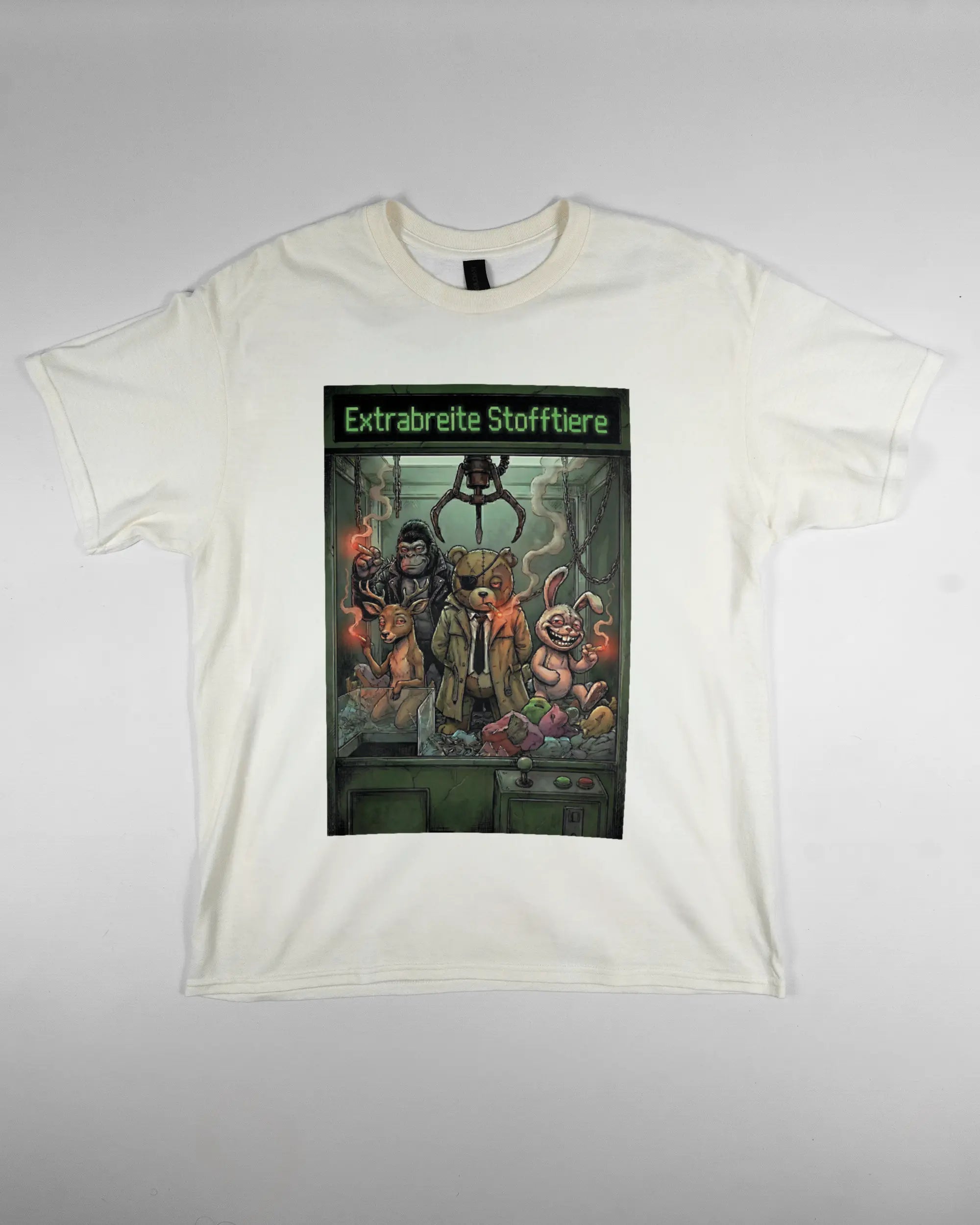 Vorderseite des Basic Unisex T-Shirt Regular von Maondo mit dem Design Extrabreit in der Farbe White und in der Größe L flach auf den Boden gelegt