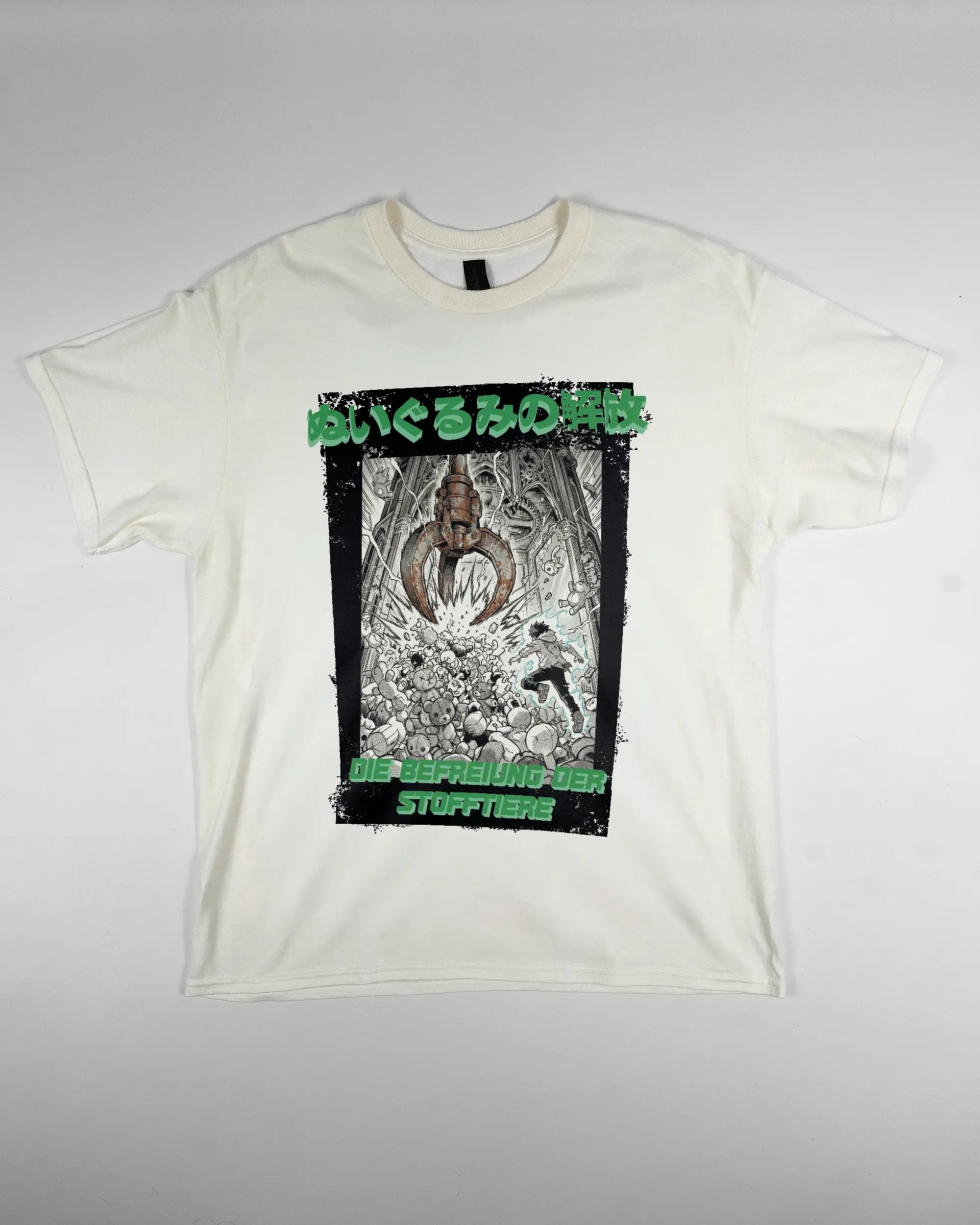 Vorderseite des Basic Unisex T-Shirt Regular von Maondo mit dem Design Save 1 Stofftier in der Farbe White und in der Größe L flach auf den Boden gelegt