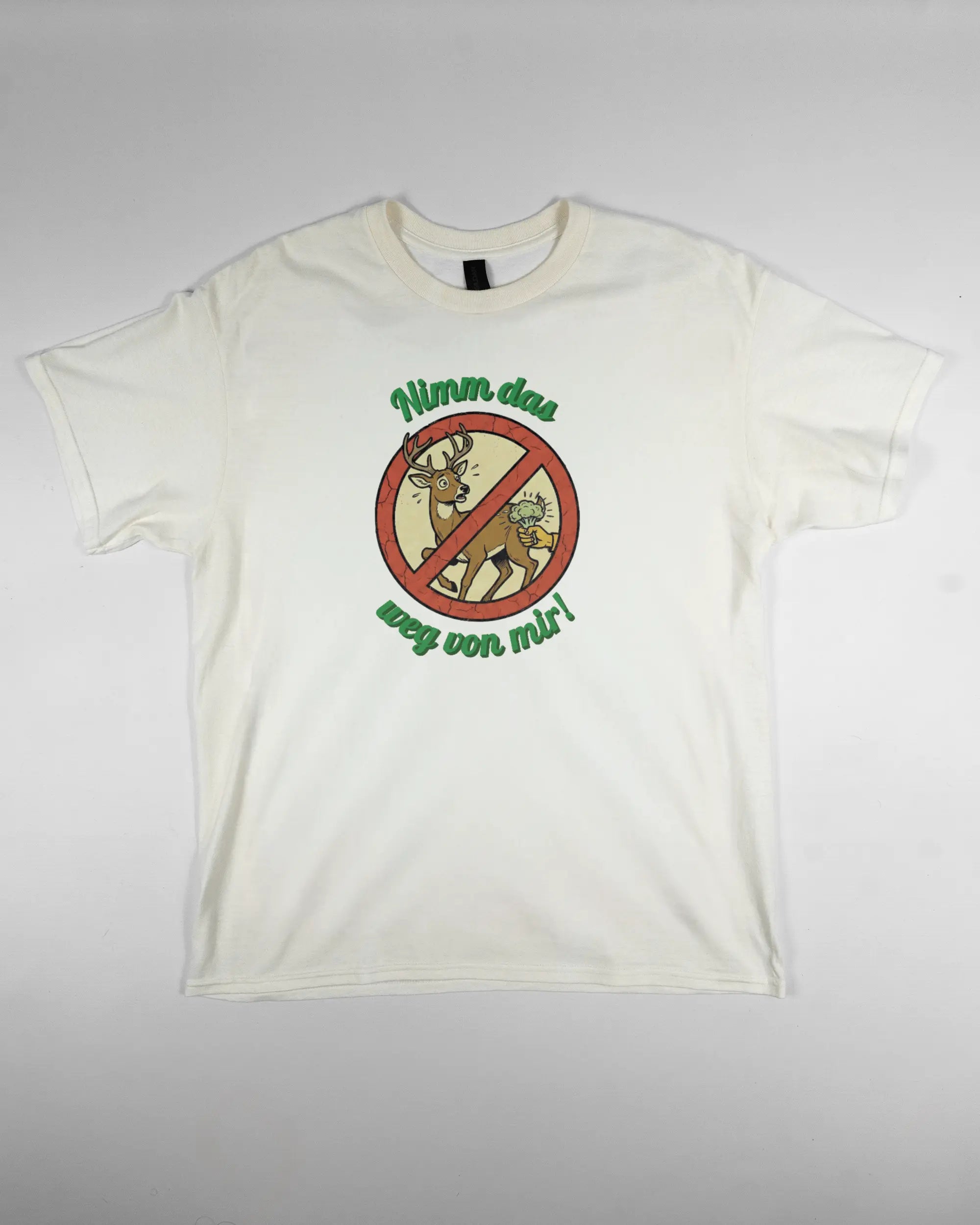 Vorderseite des Basic Unisex T-Shirt Regular von Maondo mit dem Design Reh weg in der Farbe White und in der Größe L flach auf den Boden gelegt