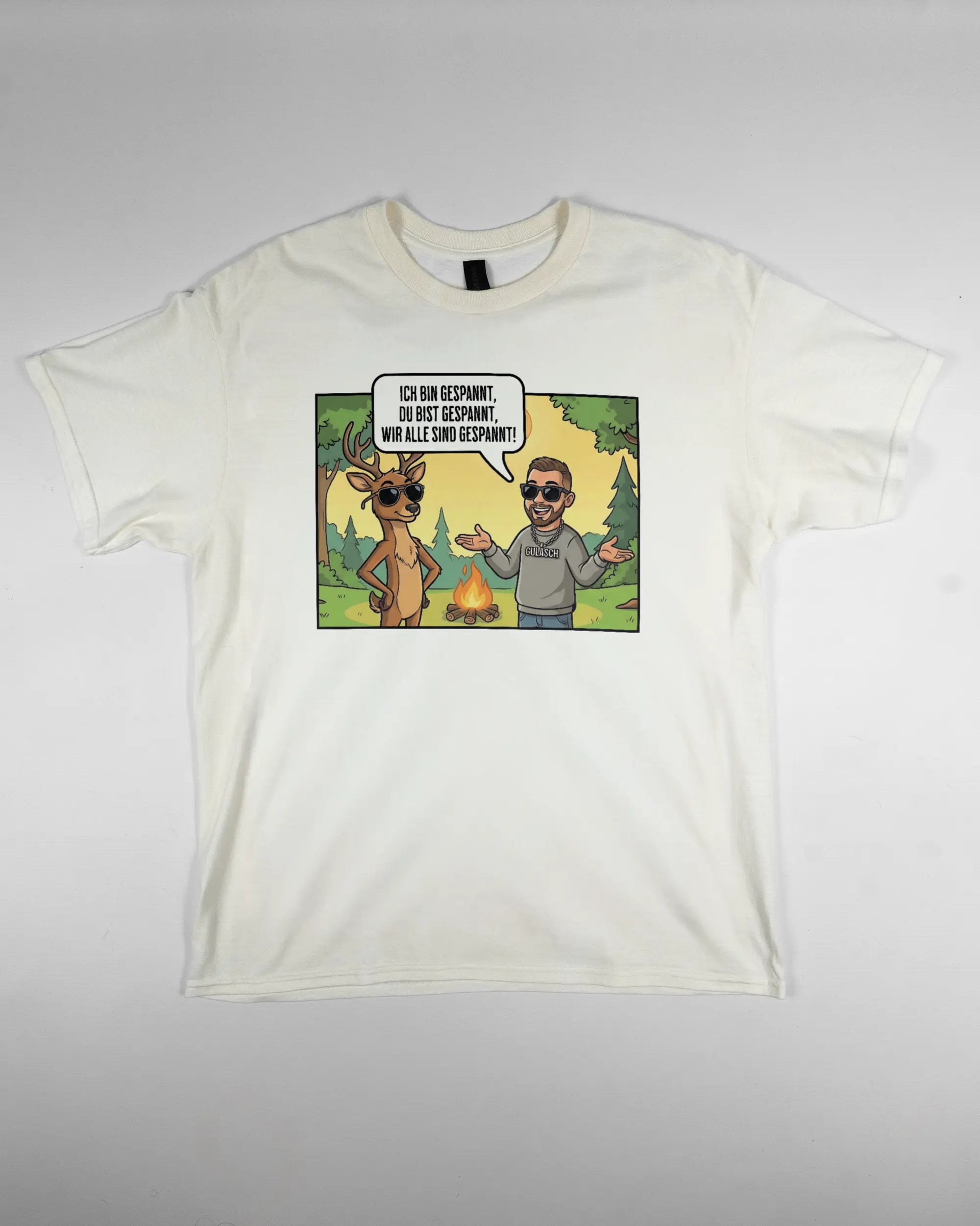 Vorderseite des Basic Unisex T-Shirt Regular von Maondo mit dem Design Vollspannung in der Farbe White und in der Größe L flach auf den Boden gelegt