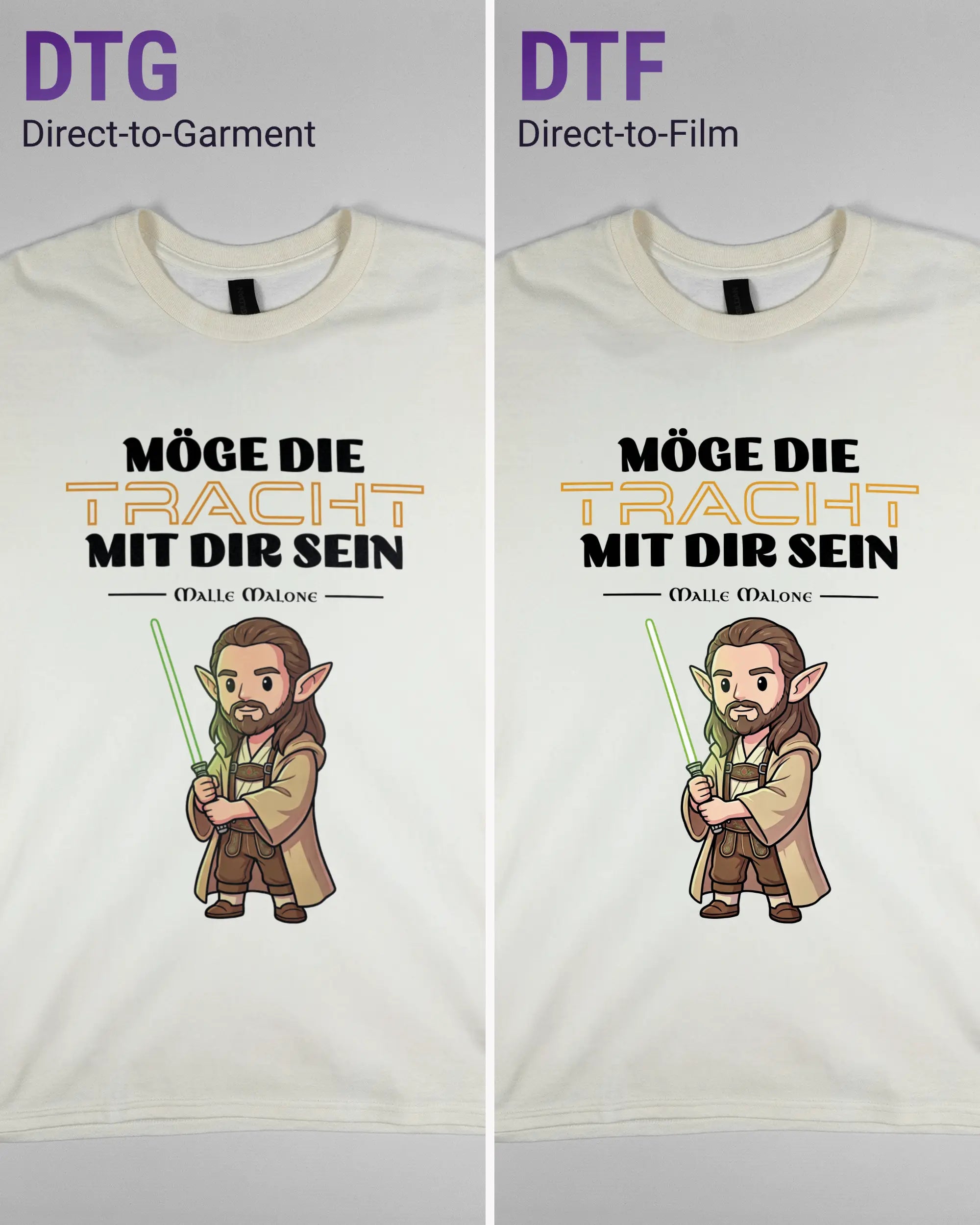 Vergleich der Vorderseiten des Basic Unisex T-Shirt Regular von Maondo mit dem Design Tracht mit dir in der Farbe White und in der Größe L links mit dem Direct-to-Garment und rechts mit dem Direct-to-Film Verfahren