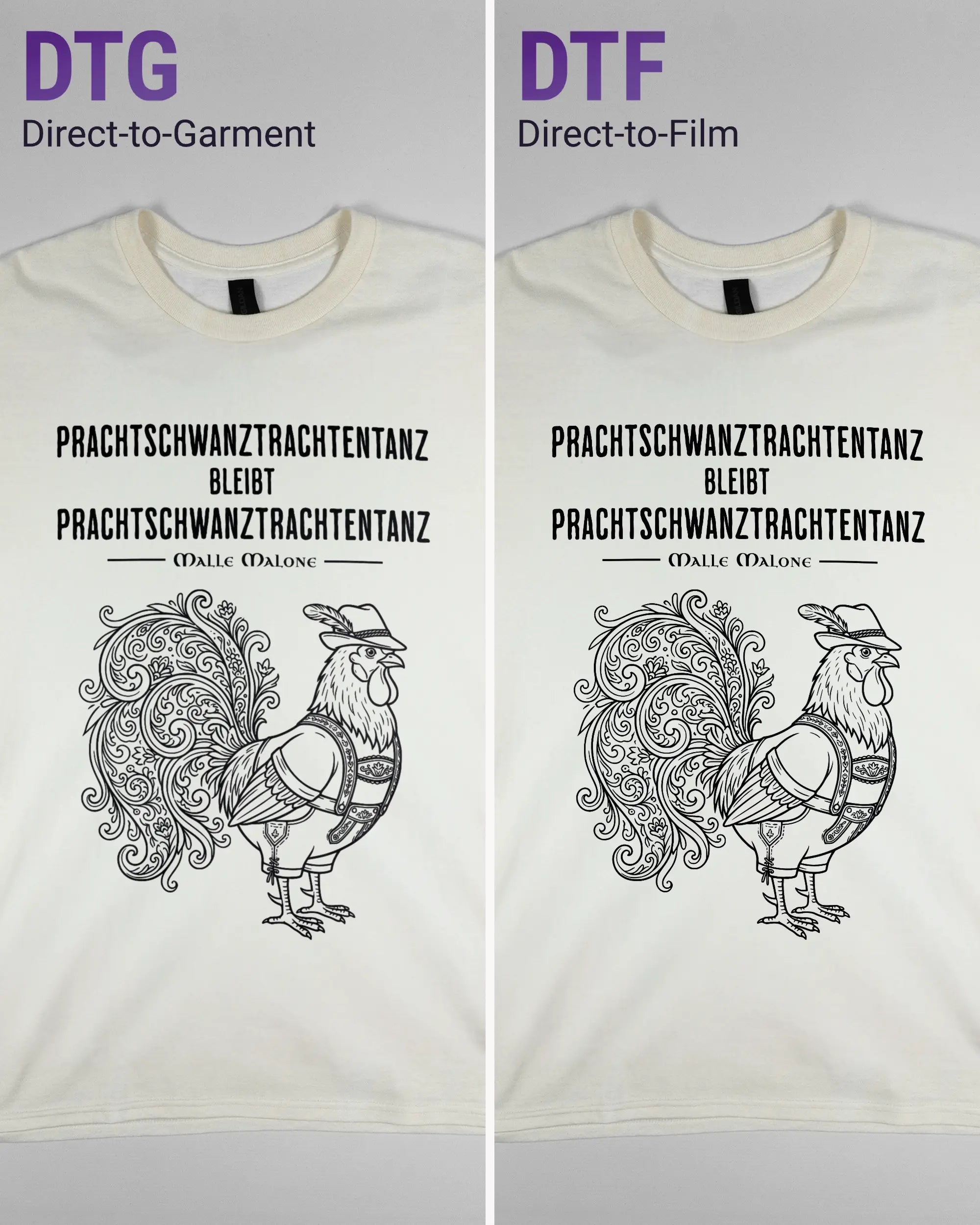 Vergleich der Vorderseiten des Basic Unisex T-Shirt Regular von Maondo mit dem Design Trachtentanz in der Farbe White und in der Größe L links mit dem Direct-to-Garment und rechts mit dem Direct-to-Film Verfahren