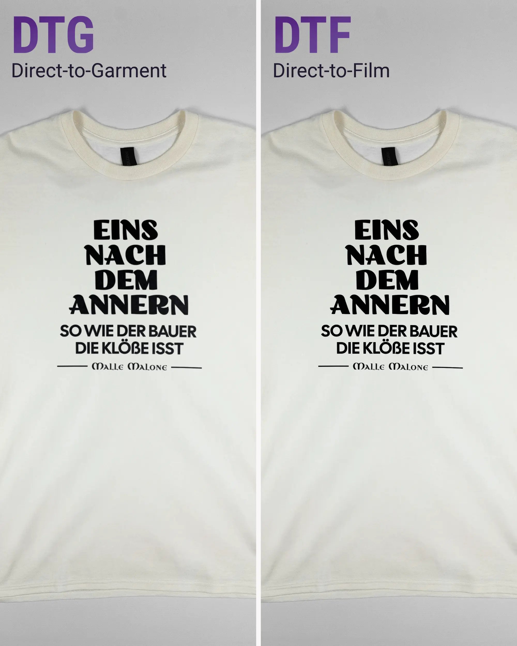 Vergleich der Vorderseiten des Basic Unisex T-Shirt Regular von Maondo mit dem Design Eins nach dem Annern in der Farbe White und in der Größe L links mit dem Direct-to-Garment und rechts mit dem Direct-to-Film Verfahren
