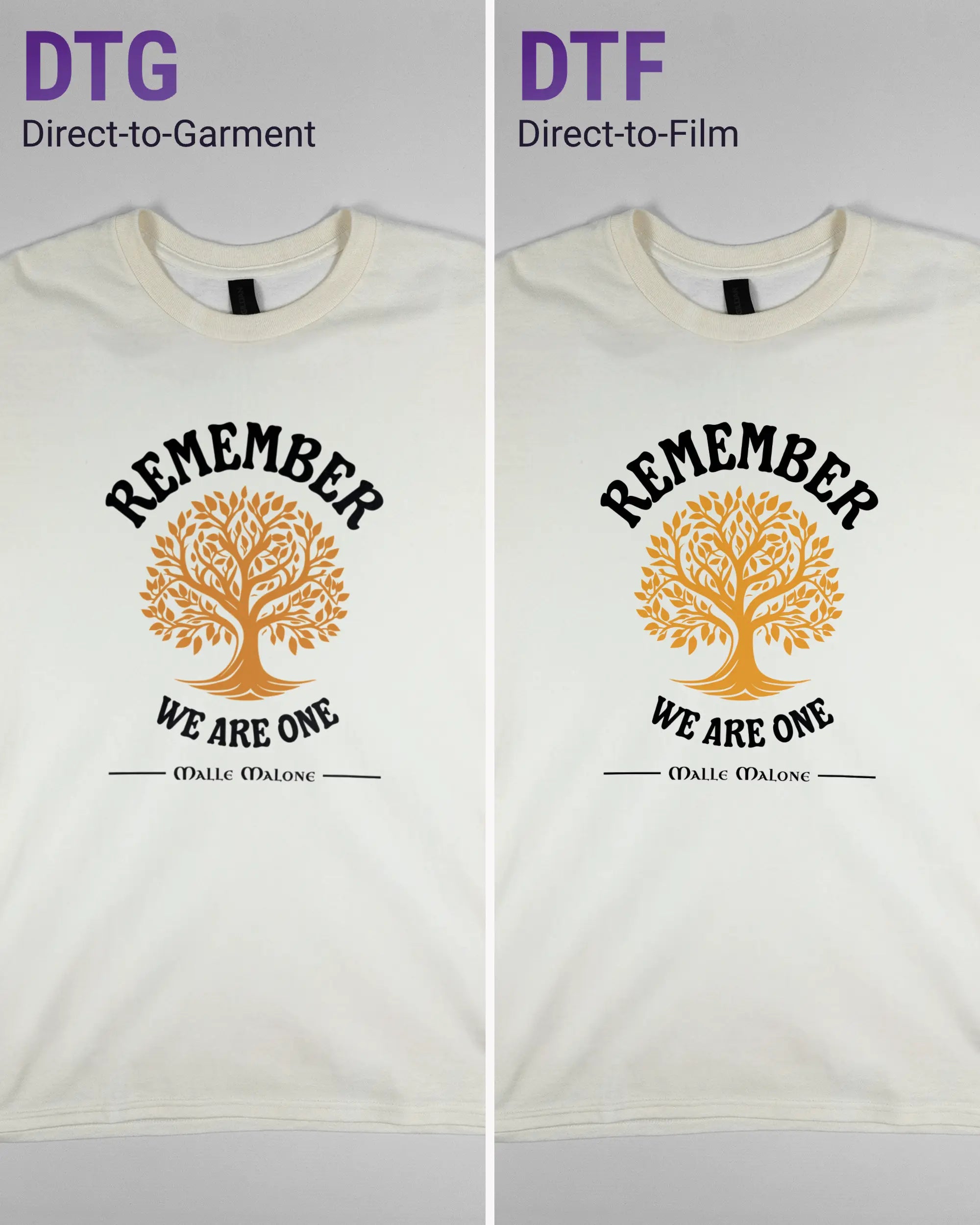Vergleich der Vorderseiten des Basic Unisex T-Shirt Regular von Maondo mit dem Design We are one in der Farbe White und in der Größe L links mit dem Direct-to-Garment und rechts mit dem Direct-to-Film Verfahren