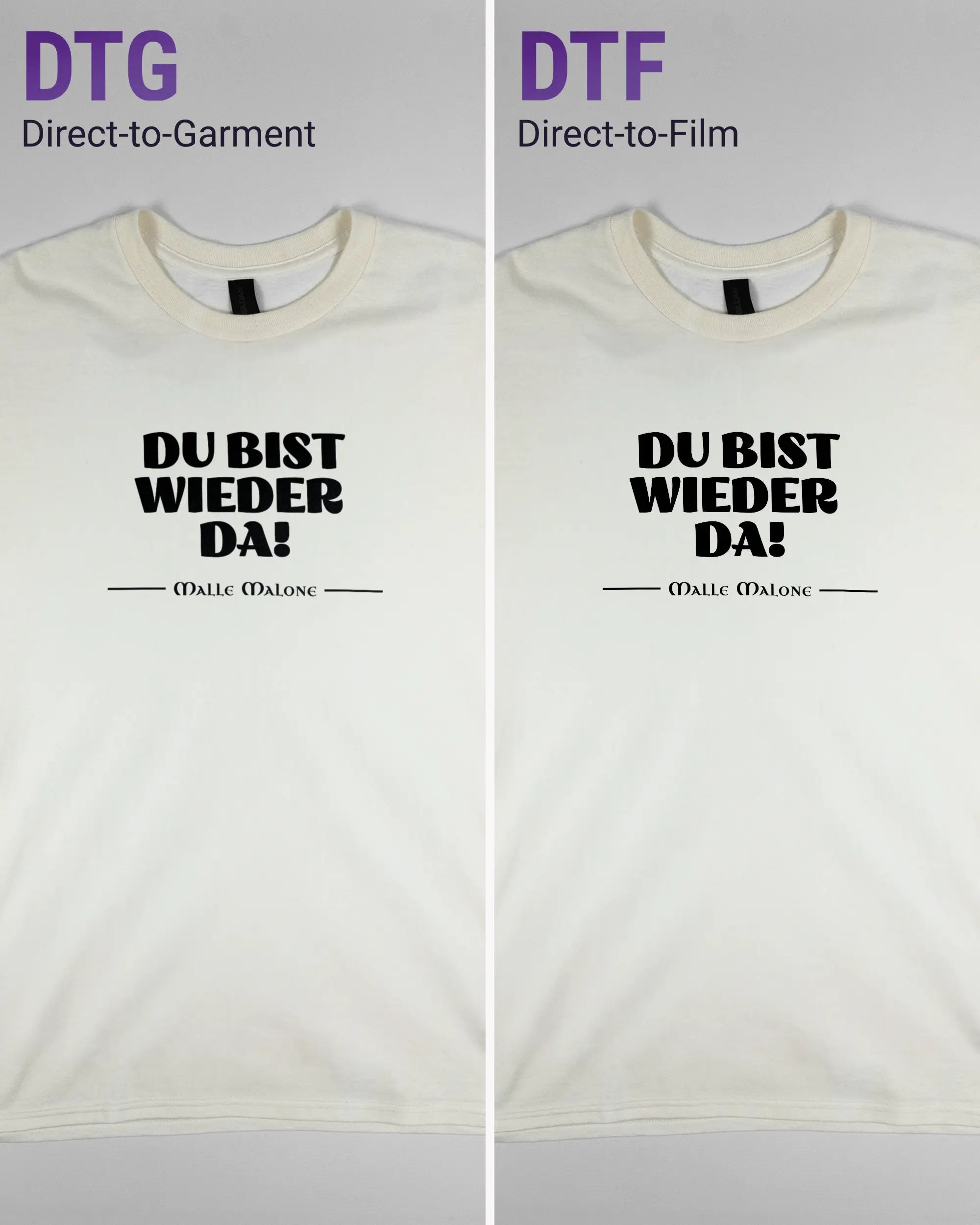 Vergleich der Vorderseiten des Basic Unisex T-Shirt Regular von Maondo mit dem Design Wieder da in der Farbe White und in der Größe L links mit dem Direct-to-Garment und rechts mit dem Direct-to-Film Verfahren