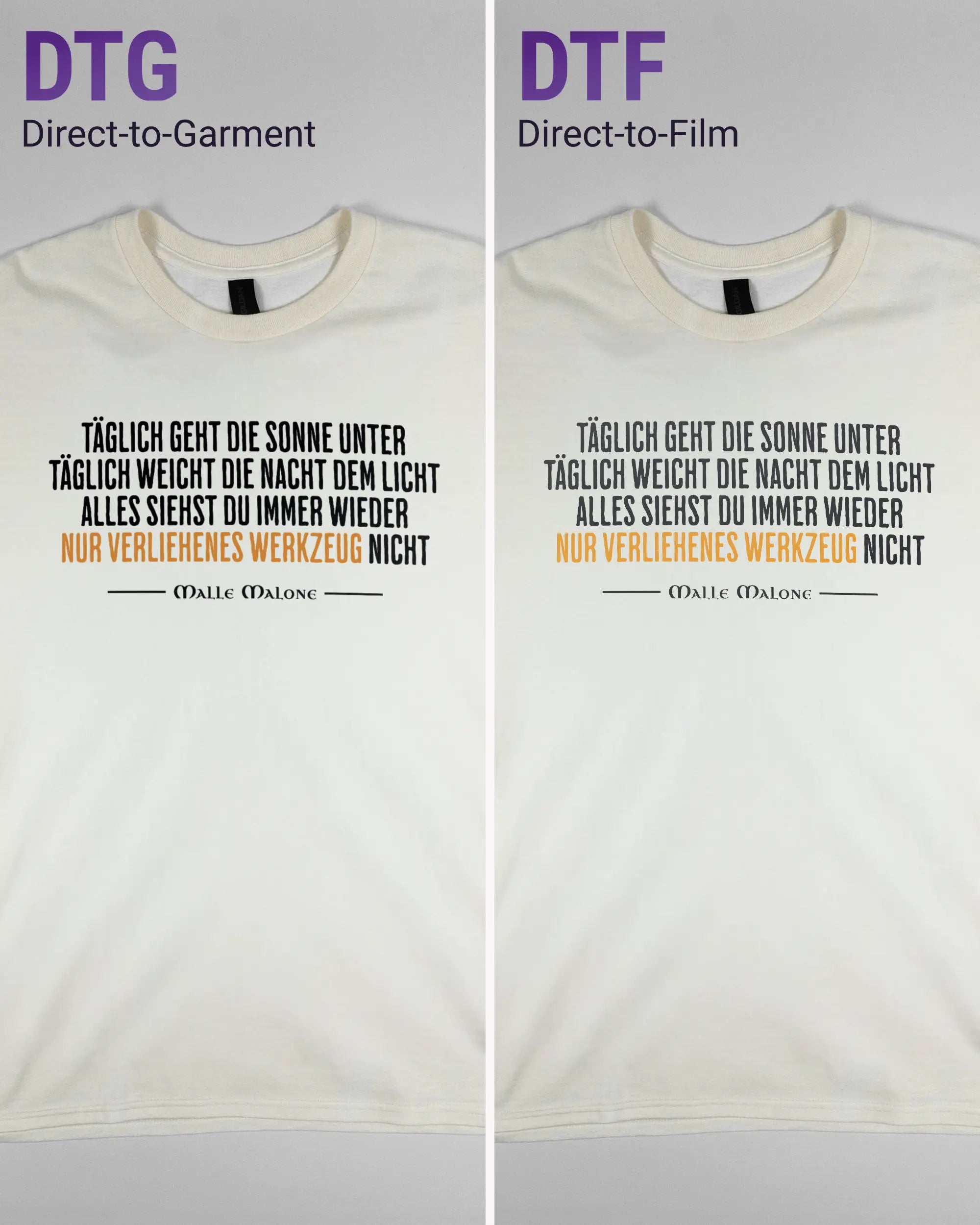 Vergleich der Vorderseiten des Basic Unisex T-Shirt Regular von Maondo mit dem Design Wegzeug in der Farbe White und in der Größe L links mit dem Direct-to-Garment und rechts mit dem Direct-to-Film Verfahren