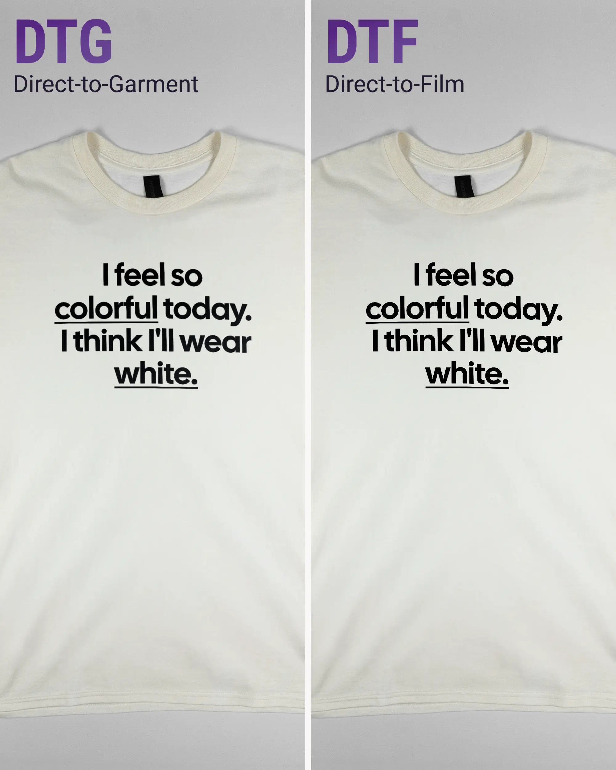 Vergleich der Vorderseiten des Basic Unisex T-Shirt Regular von Maondo mit dem Design Colorful Day in der Farbe White und in der Größe L links mit dem Direct-to-Garment und rechts mit dem Direct-to-Film Verfahren