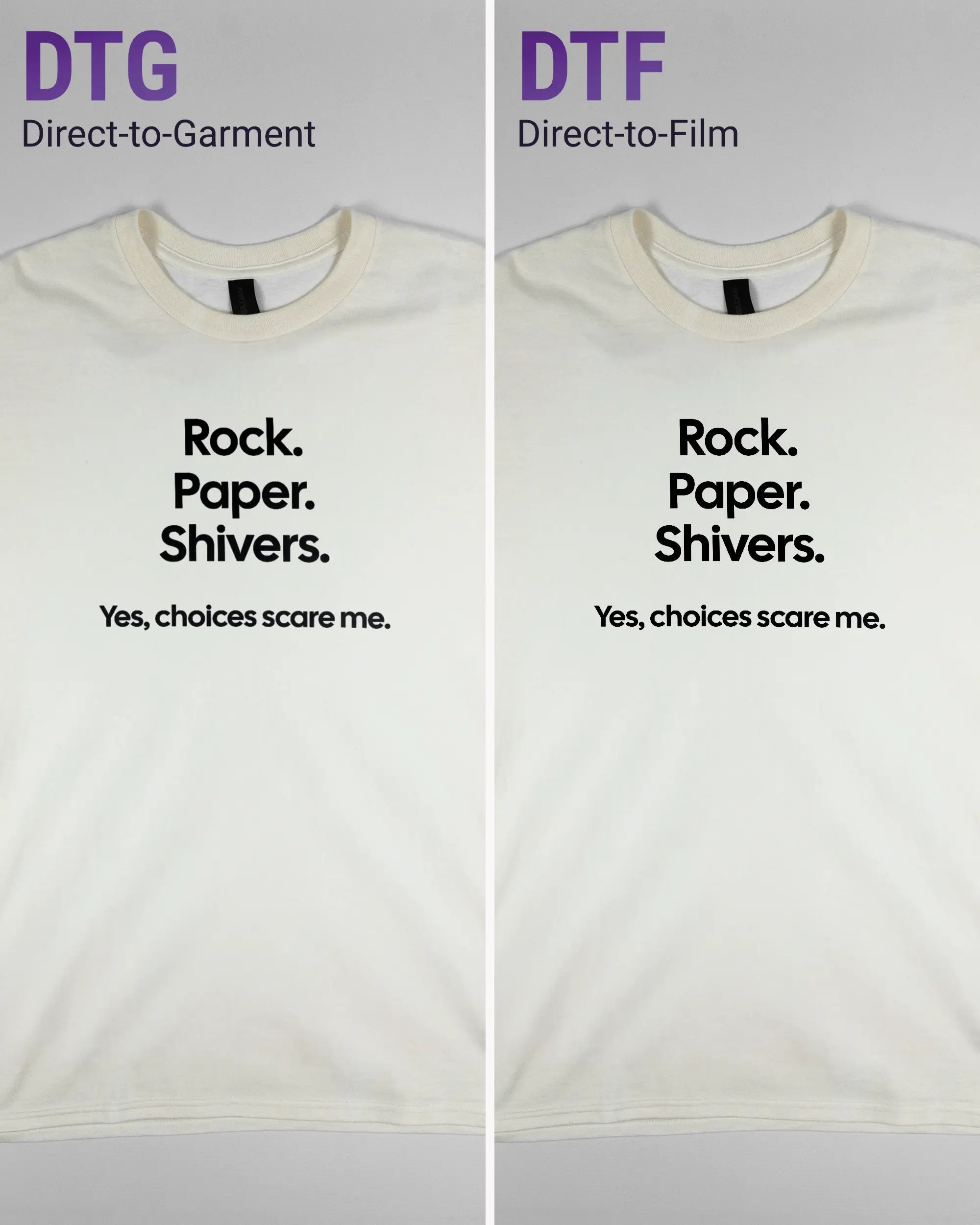 Vergleich der Vorderseiten des Basic Unisex T-Shirt Regular von Maondo mit dem Design Rock Paper Shivers in der Farbe White und in der Größe L links mit dem Direct-to-Garment und rechts mit dem Direct-to-Film Verfahren