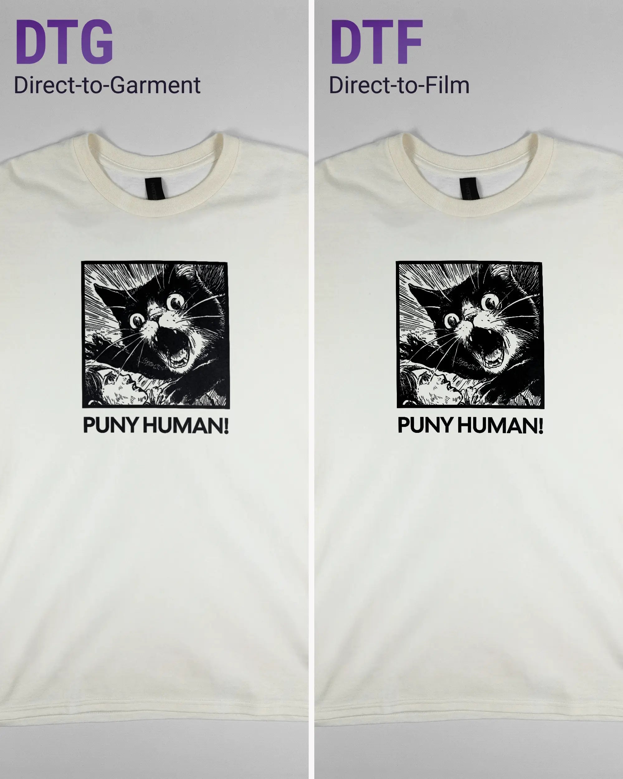 Vergleich der Vorderseiten des Basic Unisex T-Shirt Regular von Maondo mit dem Design Puny Human in der Farbe White und in der Größe L links mit dem Direct-to-Garment und rechts mit dem Direct-to-Film Verfahren