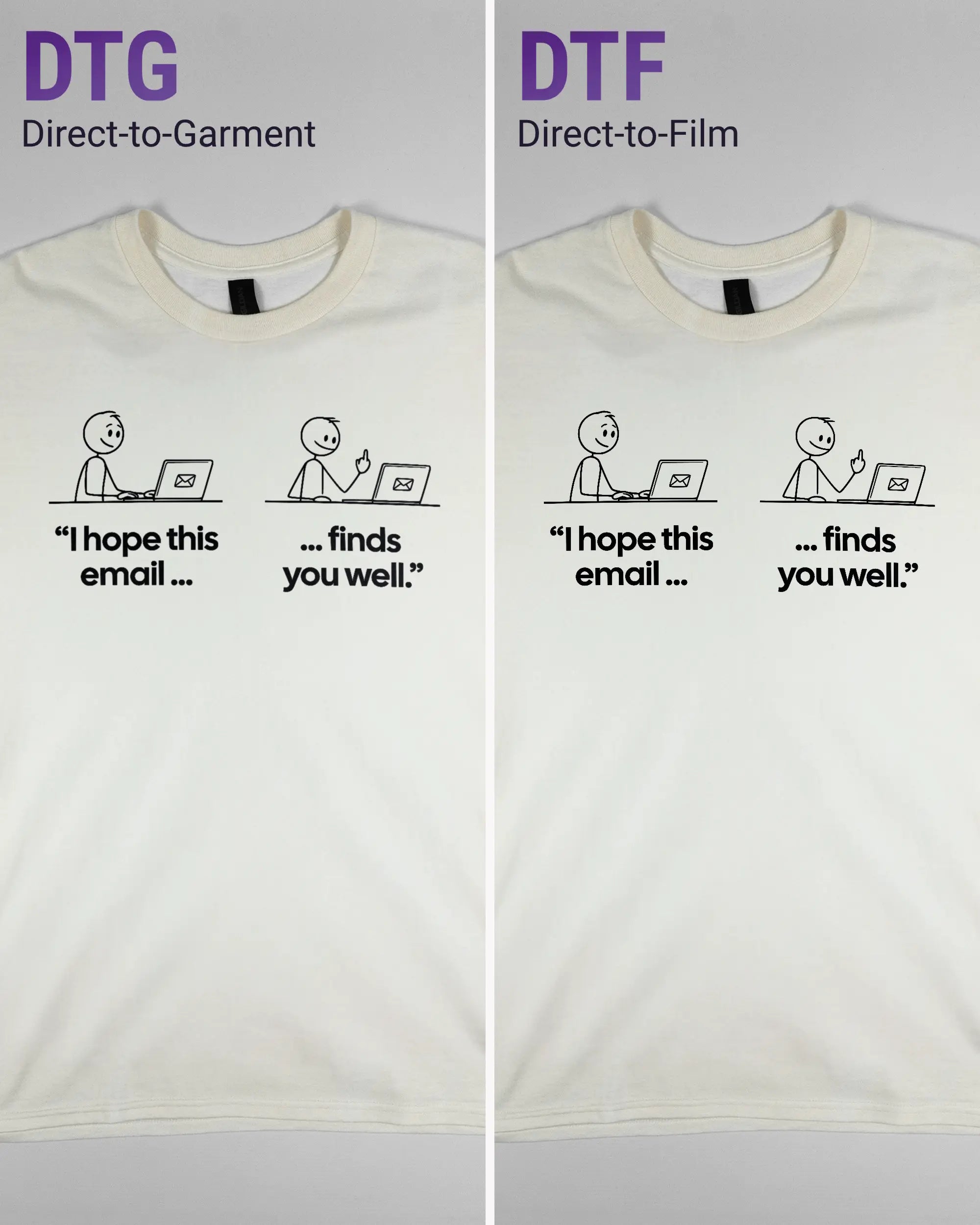 Vergleich der Vorderseiten des Basic Unisex T-Shirt Regular von Maondo mit dem Design Found me not well in der Farbe White und in der Größe L links mit dem Direct-to-Garment und rechts mit dem Direct-to-Film Verfahren