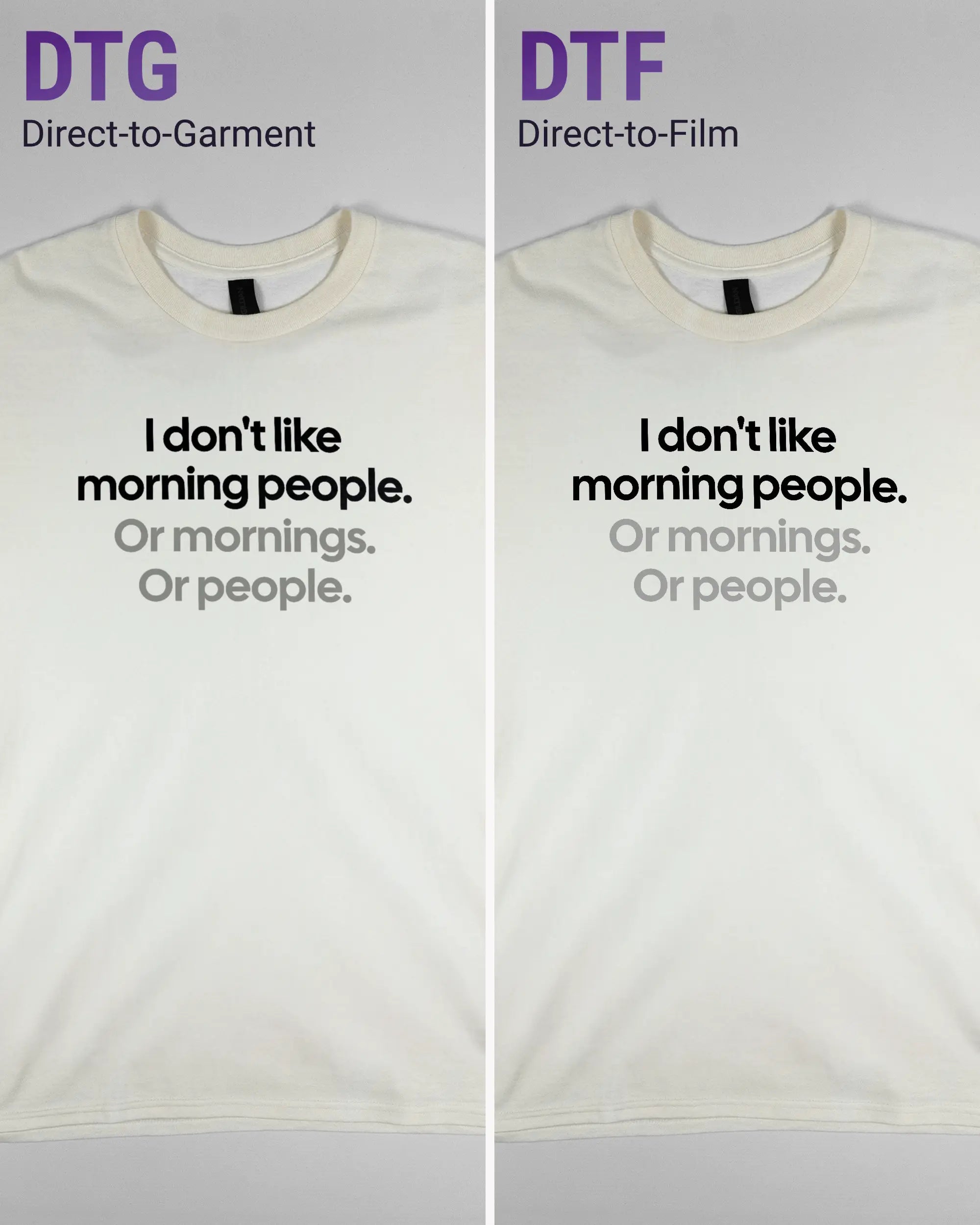 Vergleich der Vorderseiten des Basic Unisex T-Shirt Regular von Maondo mit dem Design Morning Person in der Farbe White und in der Größe L links mit dem Direct-to-Garment und rechts mit dem Direct-to-Film Verfahren