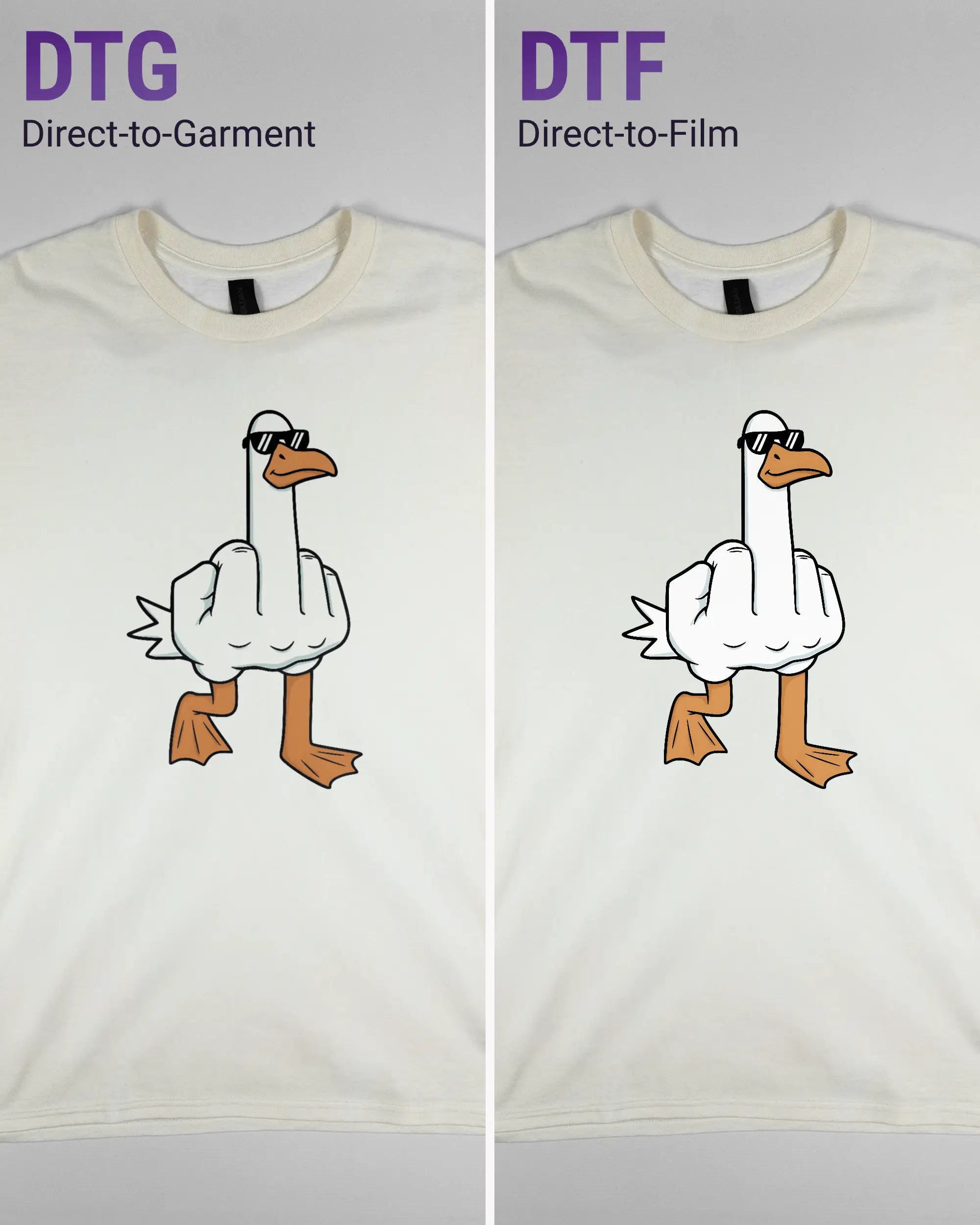 Vergleich der Vorderseiten des Basic Unisex T-Shirt Regular von Maondo mit dem Design I give a duck in der Farbe White und in der Größe L links mit dem Direct-to-Garment und rechts mit dem Direct-to-Film Verfahren