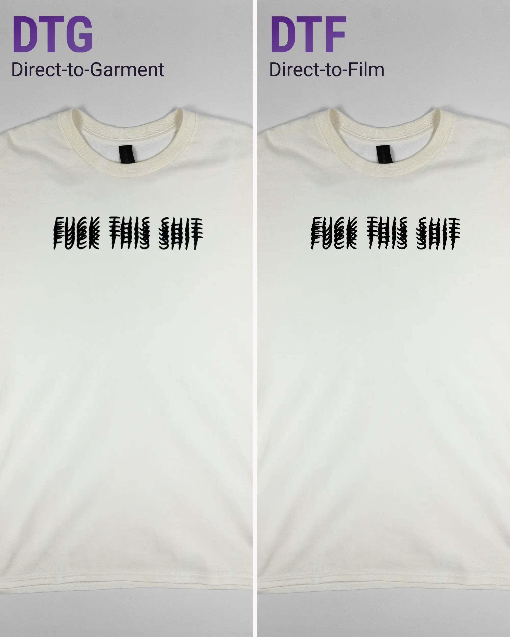 Vergleich der Vorderseiten des Basic Unisex T-Shirt Regular von Maondo mit dem Design Hidden Message in der Farbe White und in der Größe L links mit dem Direct-to-Garment und rechts mit dem Direct-to-Film Verfahren