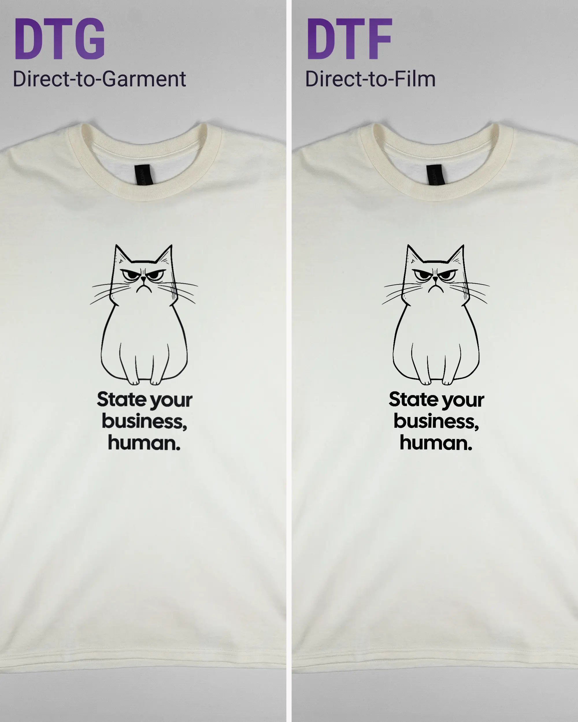 Vergleich der Vorderseiten des Basic Unisex T-Shirt Regular von Maondo mit dem Design Grumpy Purr in der Farbe White und in der Größe L links mit dem Direct-to-Garment und rechts mit dem Direct-to-Film Verfahren