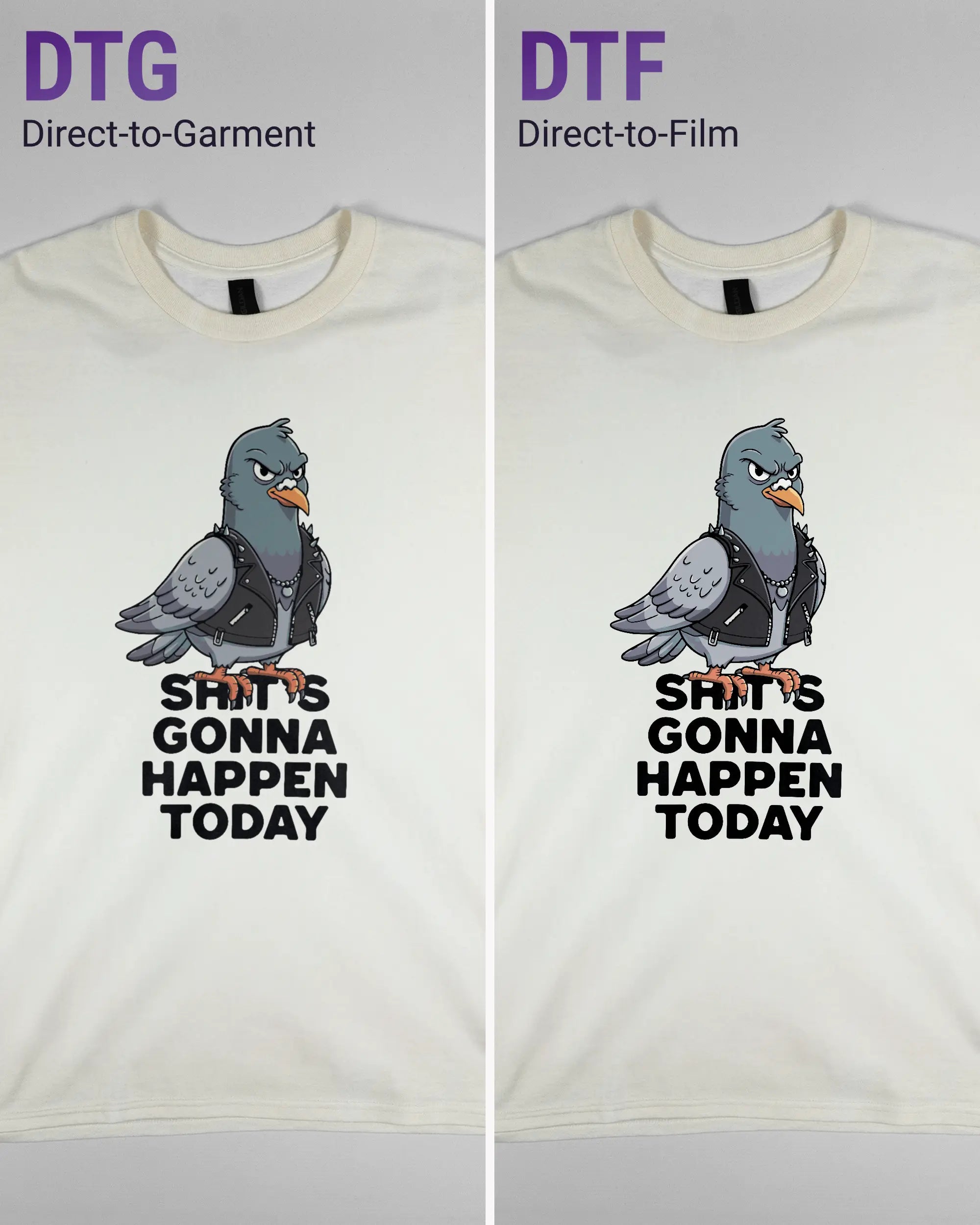 Vergleich der Vorderseiten des Basic Unisex T-Shirt Regular von Maondo mit dem Design Pigeon Pun in der Farbe White und in der Größe L links mit dem Direct-to-Garment und rechts mit dem Direct-to-Film Verfahren