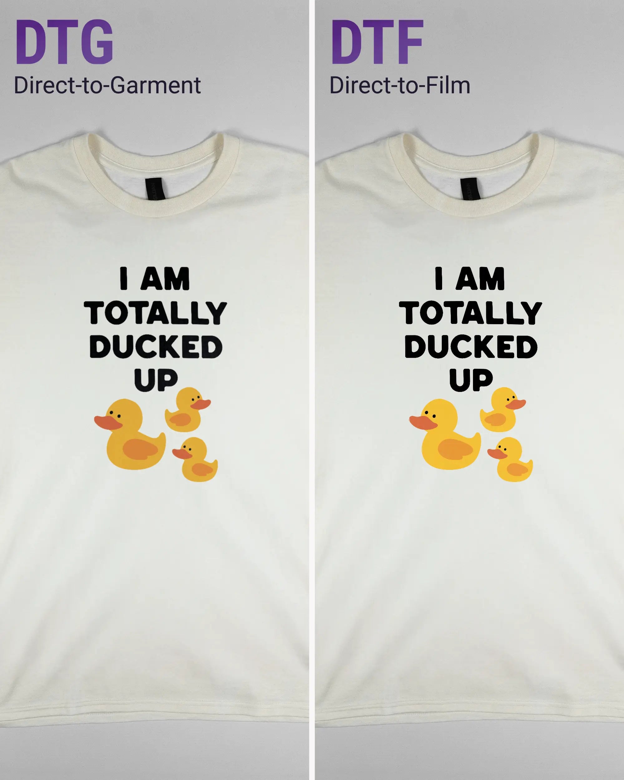 Vergleich der Vorderseiten des Basic Unisex T-Shirt Regular von Maondo mit dem Design Ducked Up in der Farbe White und in der Größe L links mit dem Direct-to-Garment und rechts mit dem Direct-to-Film Verfahren