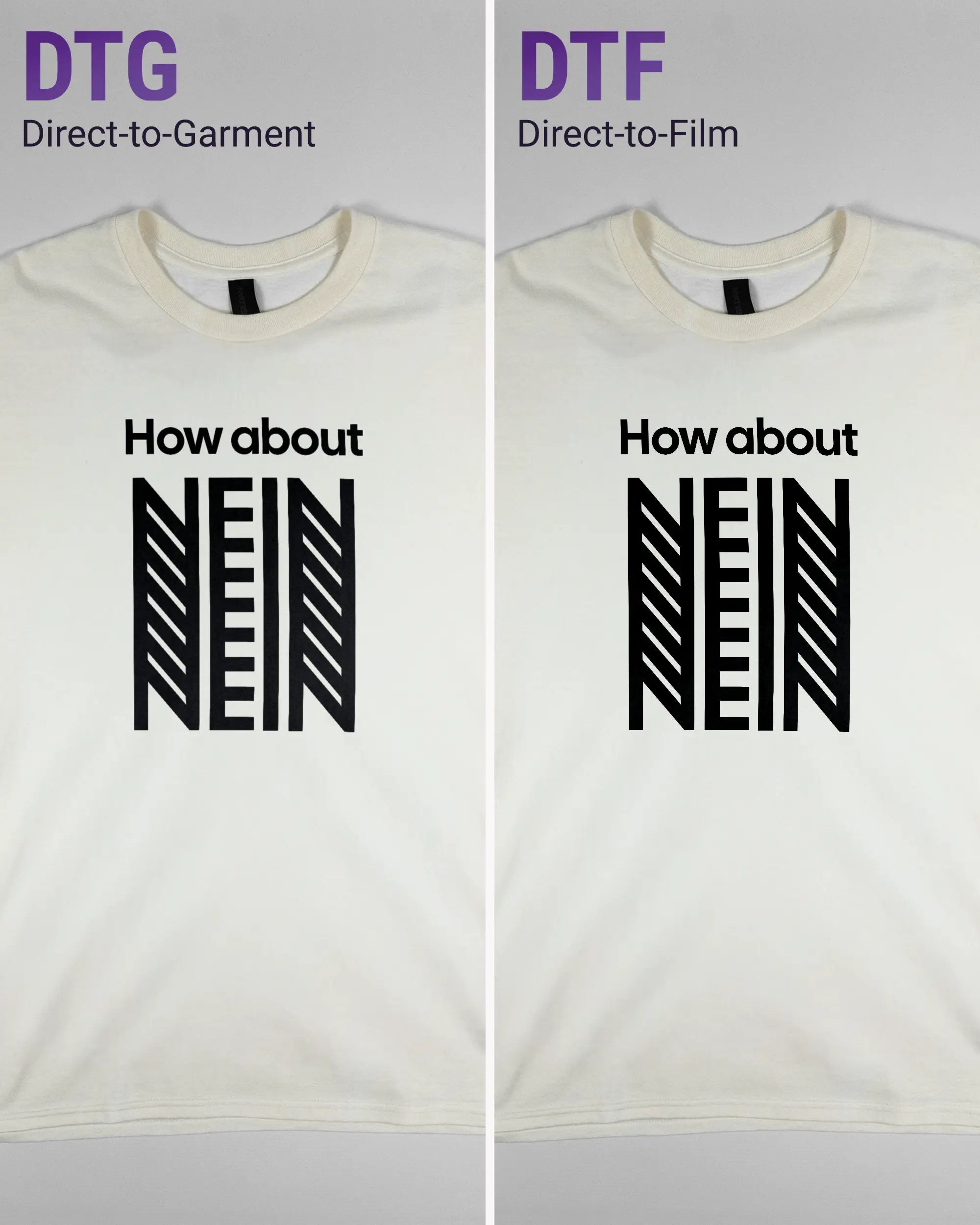 Vergleich der Vorderseiten des Basic Unisex T-Shirt Regular von Maondo mit dem Design How about nein in der Farbe White und in der Größe L links mit dem Direct-to-Garment und rechts mit dem Direct-to-Film Verfahren