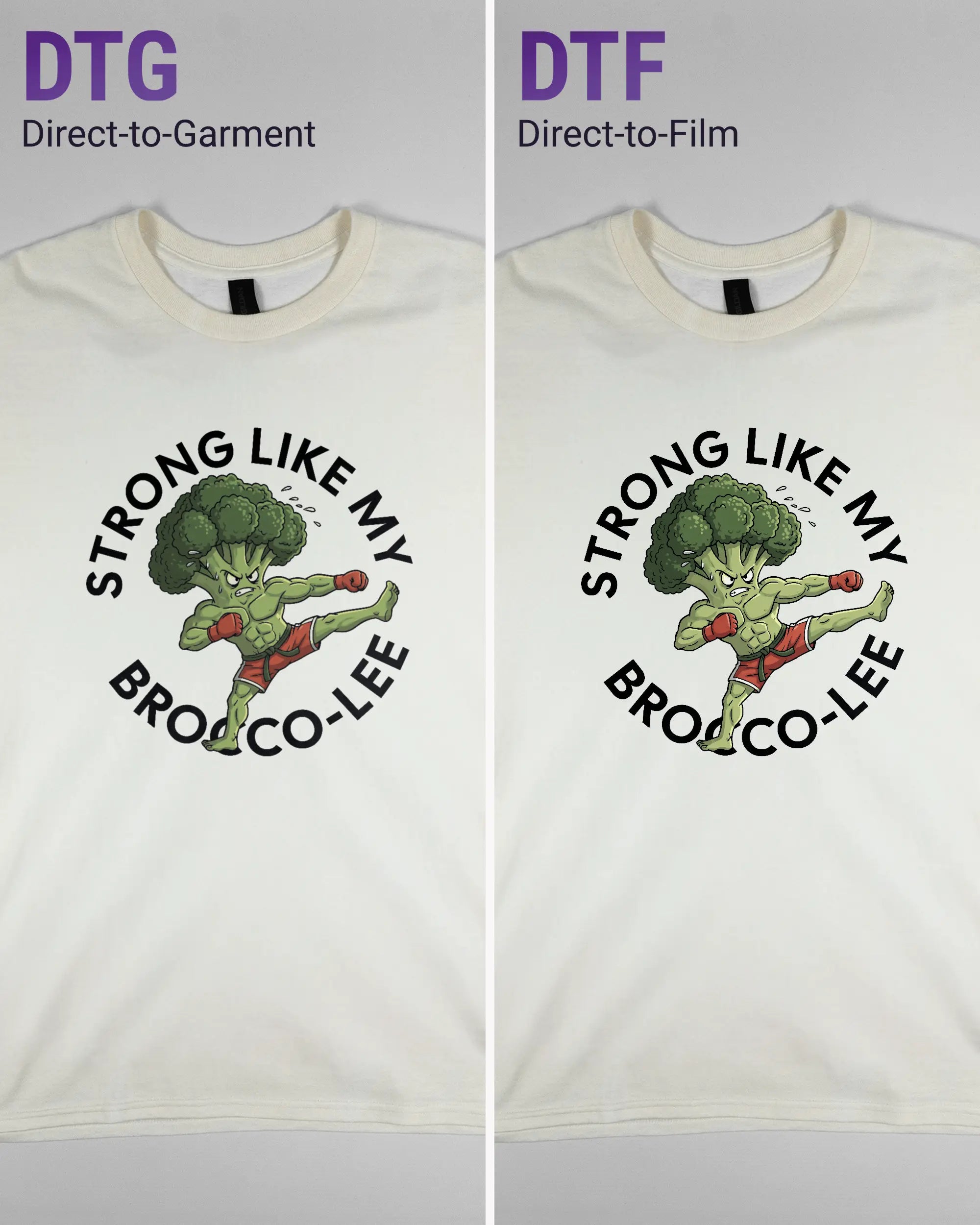 Vergleich der Vorderseiten des Basic Unisex T-Shirt Regular von Maondo mit dem Design Brocco-Lee in der Farbe White und in der Größe L links mit dem Direct-to-Garment und rechts mit dem Direct-to-Film Verfahren